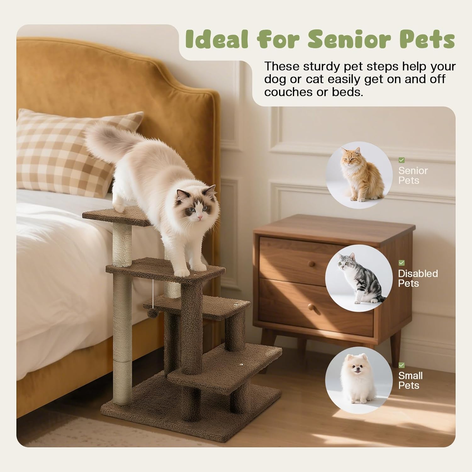 4-Step Pet Steps for Cats/Dogs, Cat Stairs with Sisal Scratching Post, Cat Steps for Older Cats with Enlarge Perch, Pet Stairs for High Bed and Couch, Brown