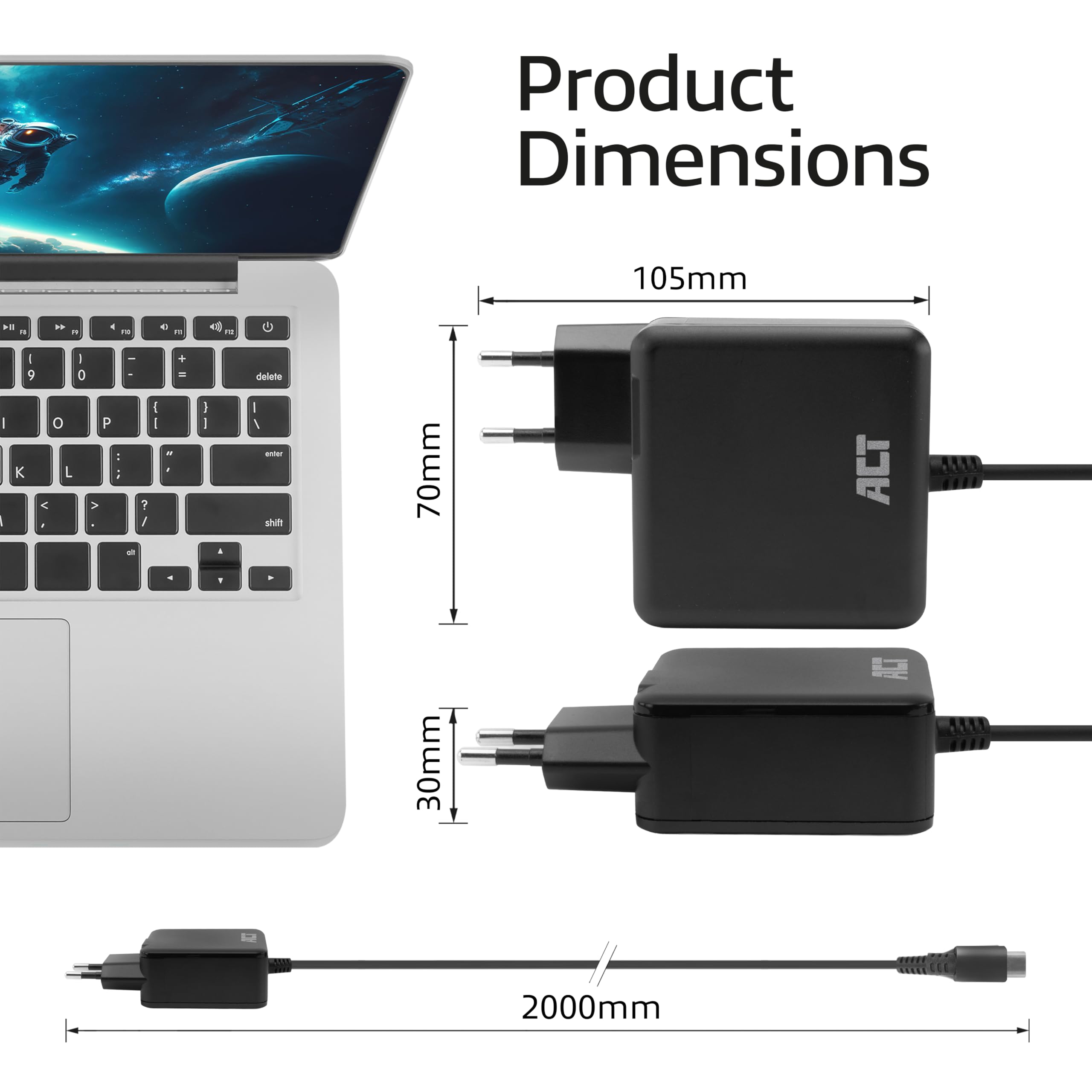 ACT Cavo di ricarica USB C per laptop, 100 W (PD 3.1/PPS) con cavo USB C fisso da 2 m, alimentatore di rete USB C per MacBook Air, Dell, HP, Lenovo, iPad, iPhone, Android (spina europea), AC2015