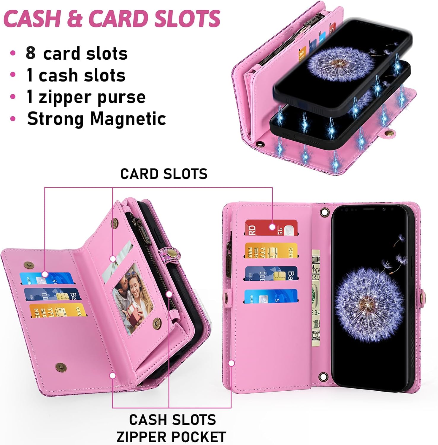 Asuwish Phone Case for Samsung Galaxy S9 Plus Zipper Wallet Detachable Cover with Screen Protector and Card Holder Slot Wrist Strap Flip Cell Accessories S9+ 9S 9+ S 9 9plus S9plus SM Women Men Pink