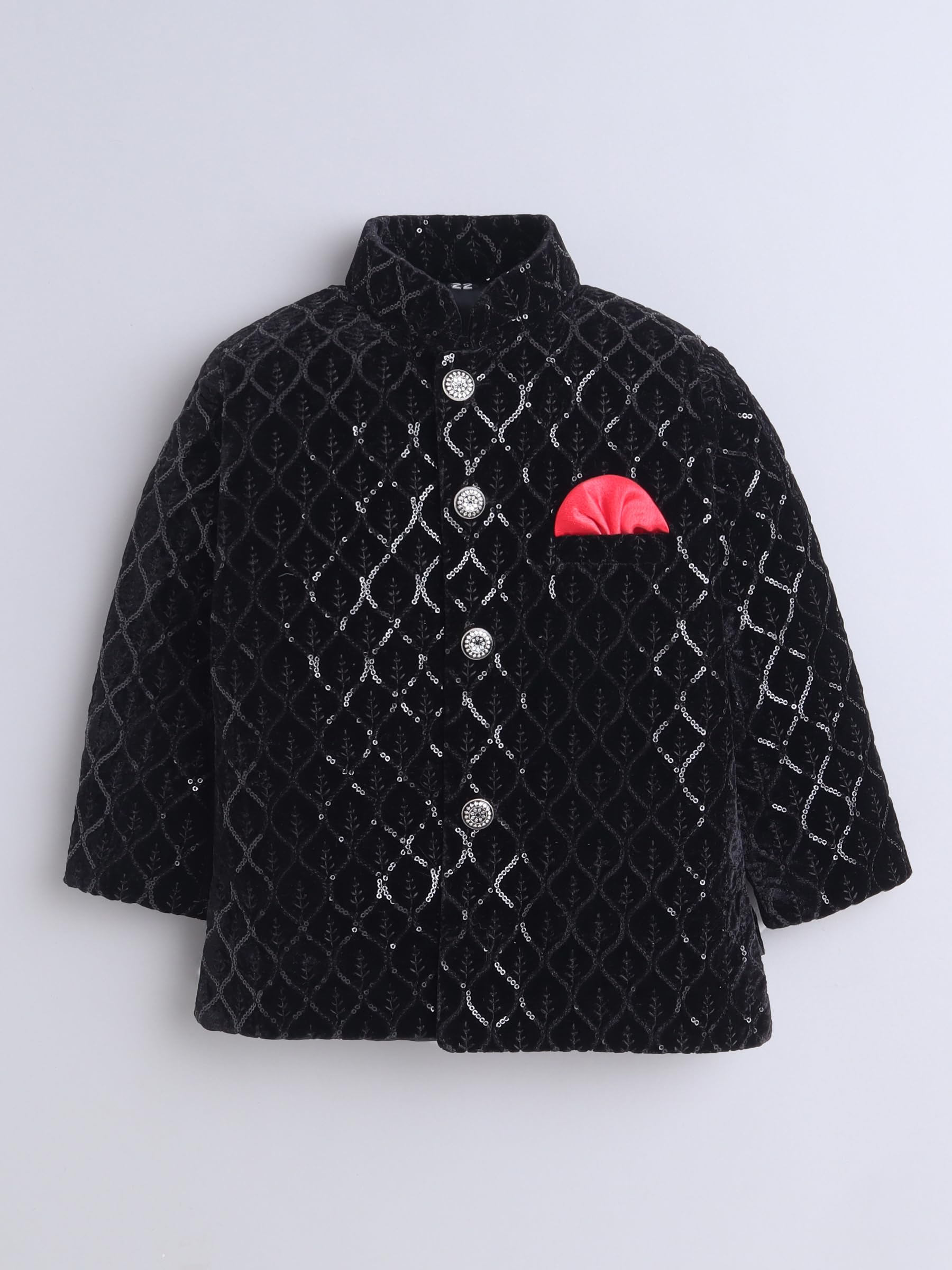 FOURFOLDS Boys Velvet Leaf Motifs Sequined Jodhpuri Blazer & Trouser Set- Black 2