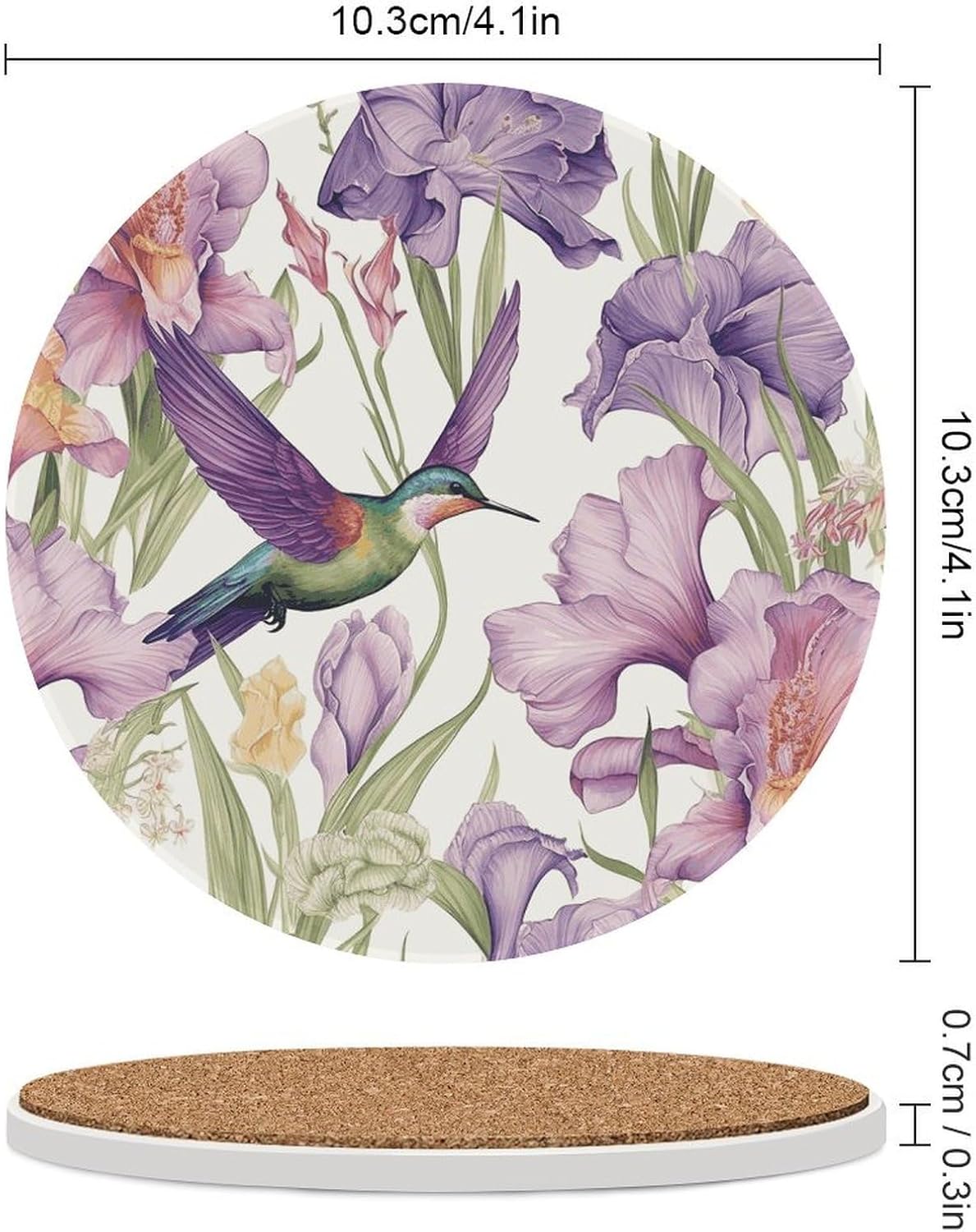6PCS Hummingbirds Irises Flowers Coasters Non-Slip Round Drink Coasters with Ceramic Stone and Cork Base, Heat Resistant Absorbent 33.00Stone Coaster Set for Kinds of Mugs and Cups, 4 Inch