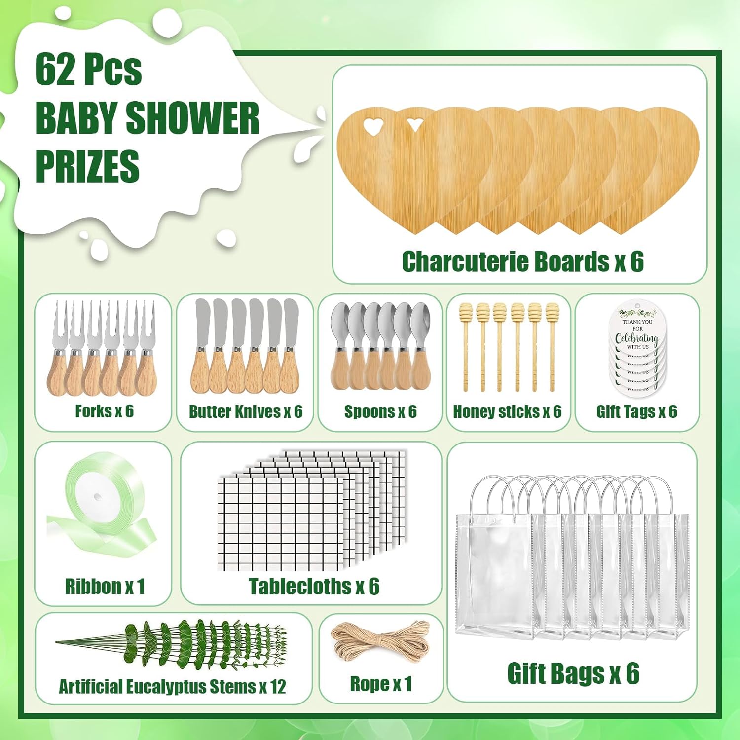 62 Pcs/6 Set Baby Shower Prizes for Game Winners, Heart Bamboo Cheese Board Gift for Guest with Knives Fork Spoon, Honey Sticks, Tablecloth, Eucalyptus Stem, Gift Bag, Bridal Shower Party Favors