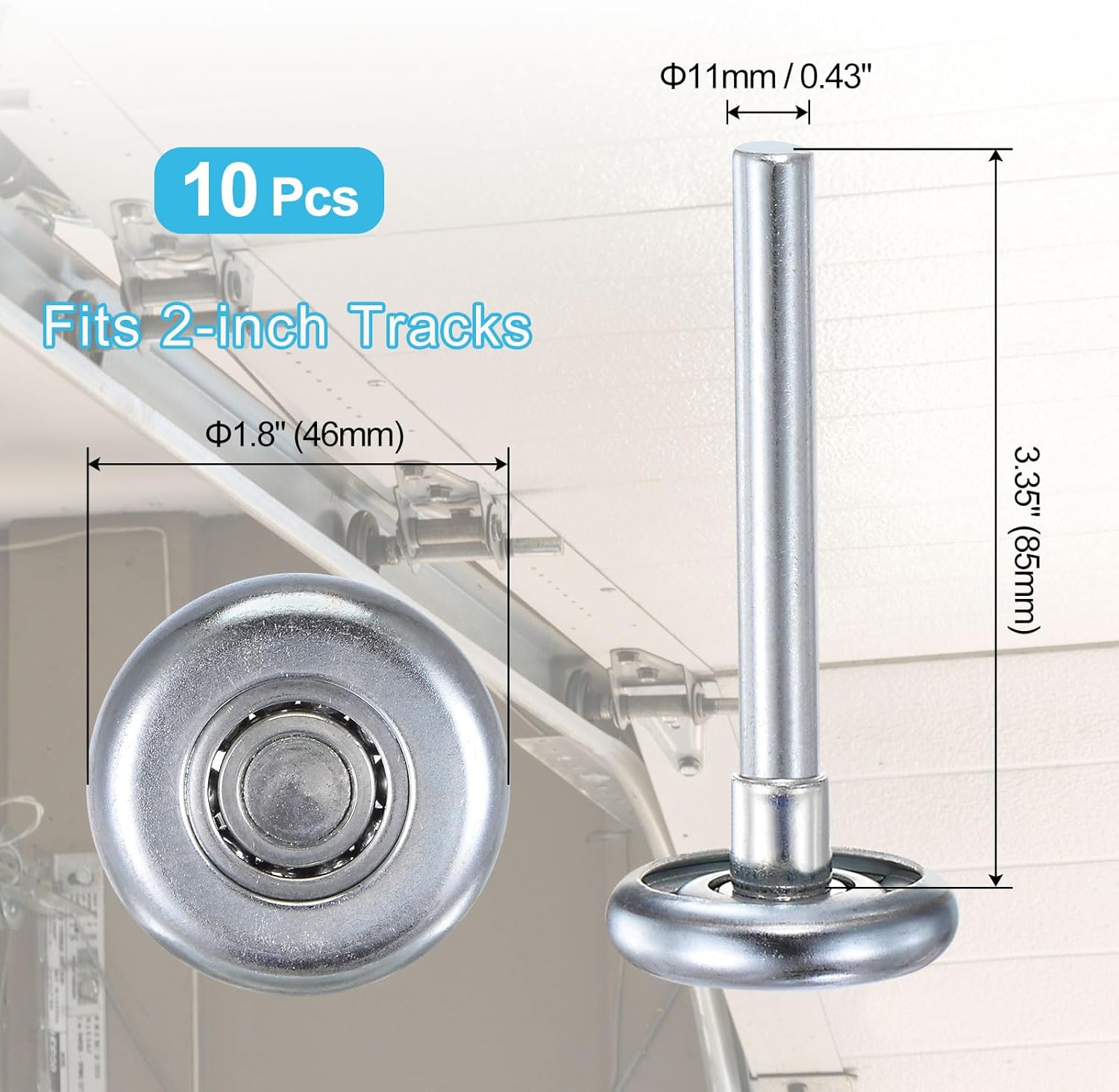 uxcell 10pcs 1.8" Zinc-Plated Steel Garage Door Rollers for 2" Garage Track, 3.35" Long Stem Quiet Garage Door Wheels, 10 Ball Bearings, Silver