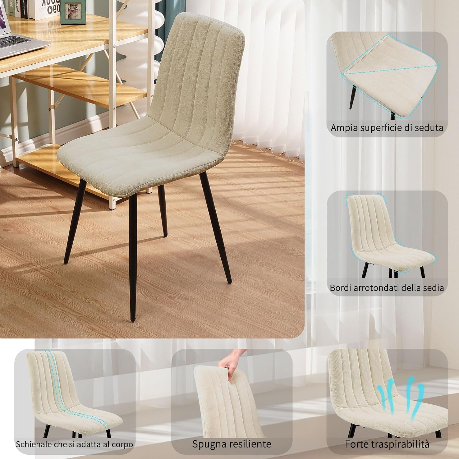 JIJIAN Set 4 Sedie da Pranzo, Sedie da Cucina in Lino, Beige | Gambe in Metallo, Stile Moderno, Portata Fino a 120 kg, Sedie Imbottite per Sala da Pranzo, Soggiorno e Cucina