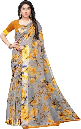 KULIA Bollywood Designer Sari for Women Silk Sari Indian Embroidered Wedding Sari and Unstitched Blouse Traditional Gifts Indian Chiffon Sari Set, Mustard, L