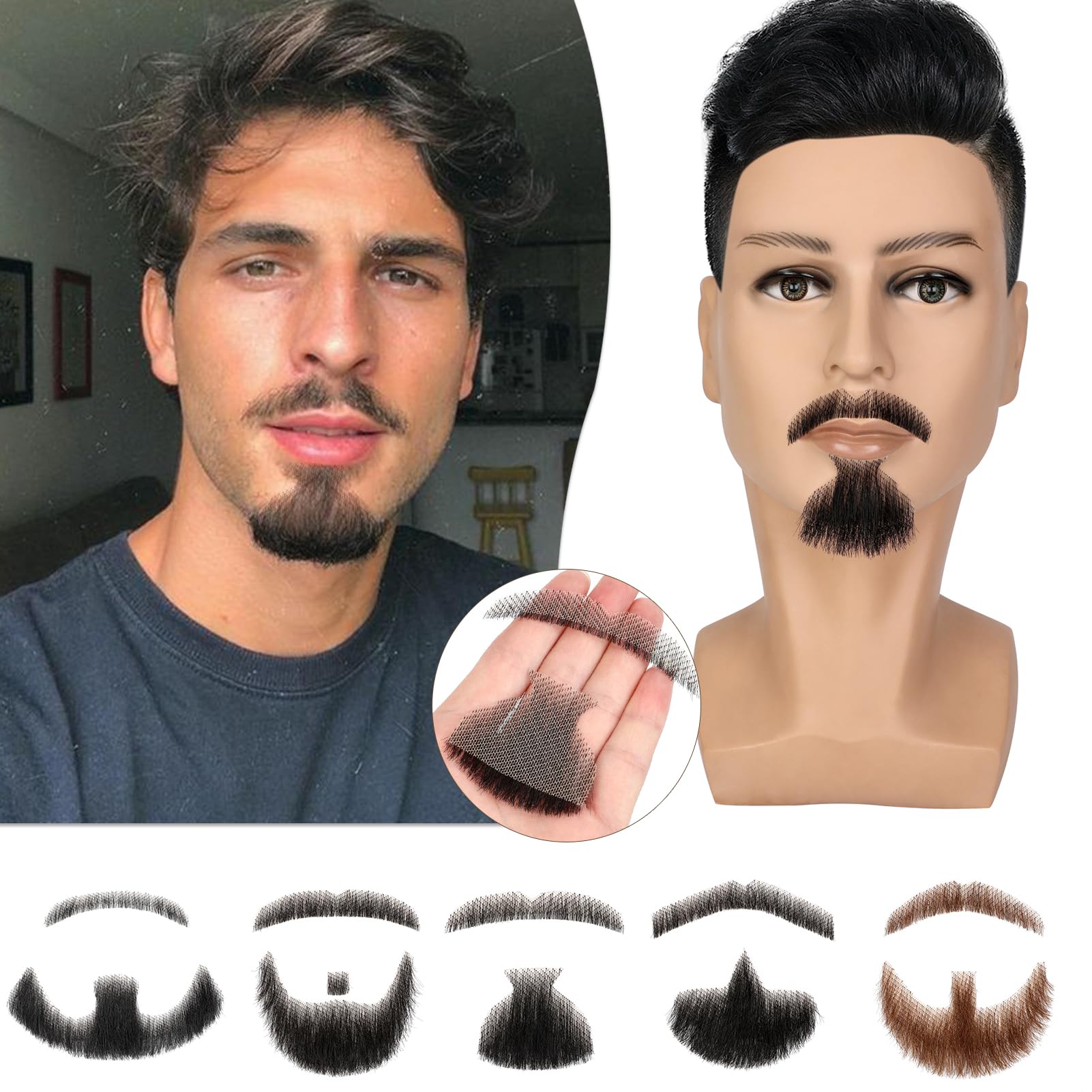 Fanguilar 100% Human Hair Full Hand Tied Lace Fake Mustache Goatee Human Hair Fake Beard Realistic Makeup for Drama/Party/Entertainment/Movie Prop for