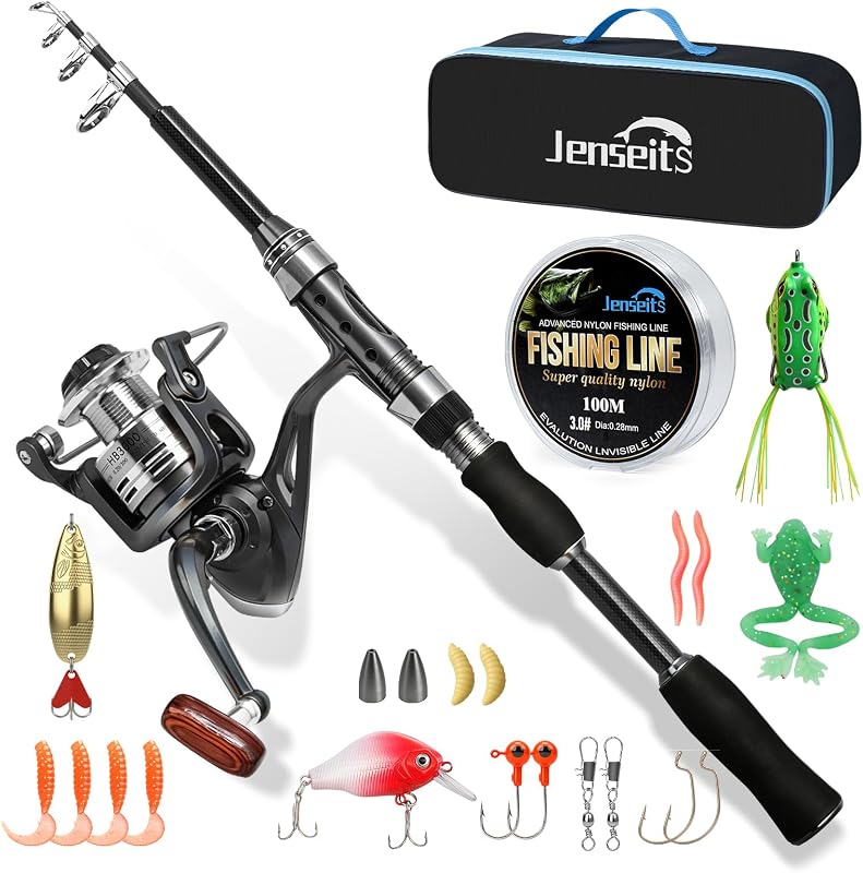 Jenseits 6&7Ft Spinning Fishing Rod Reel Combo, Freshwater Telescopic Kit | 5.2:1 Spinning Reel, Carbon Fiber Telescopic Rod, Includes Lures, Line & Carry Bag, Fish Gripper & Pliers for Beginner Angler