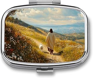 Jesus Walking in The Valley with White Lamb Pill Box 2 Compartment Portable Medicine Pill Case Travel Pill Organizer for Pocket Purse