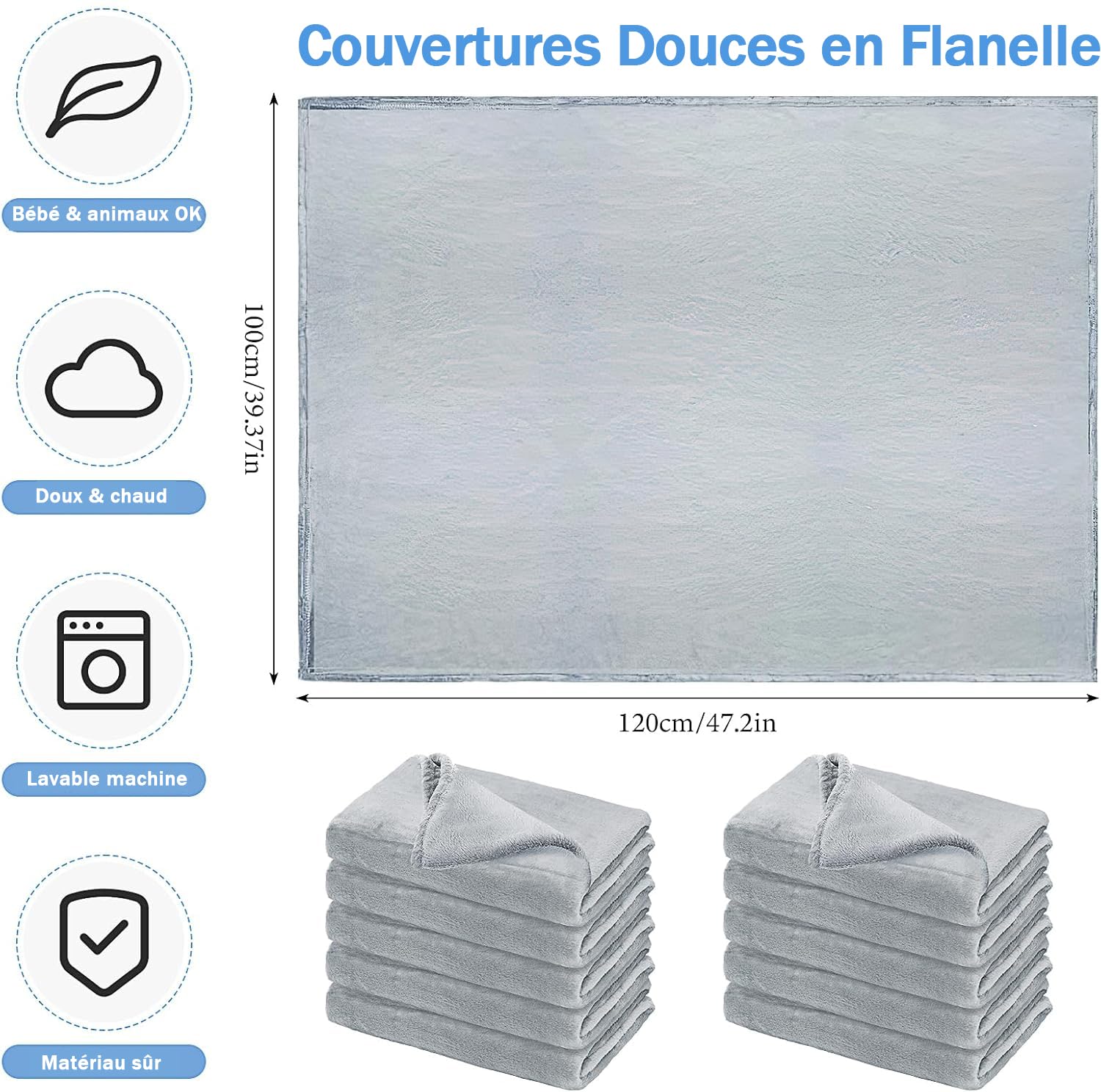 Lot de 10 Couvertures de Sieste Enfant, Plaids de Crèche Gris 100 x 120 cm | Couvertures Doux et Légers, Lavables en Machine, pour Crèche, Maternelle, Assistantes Maternelles et Voyage