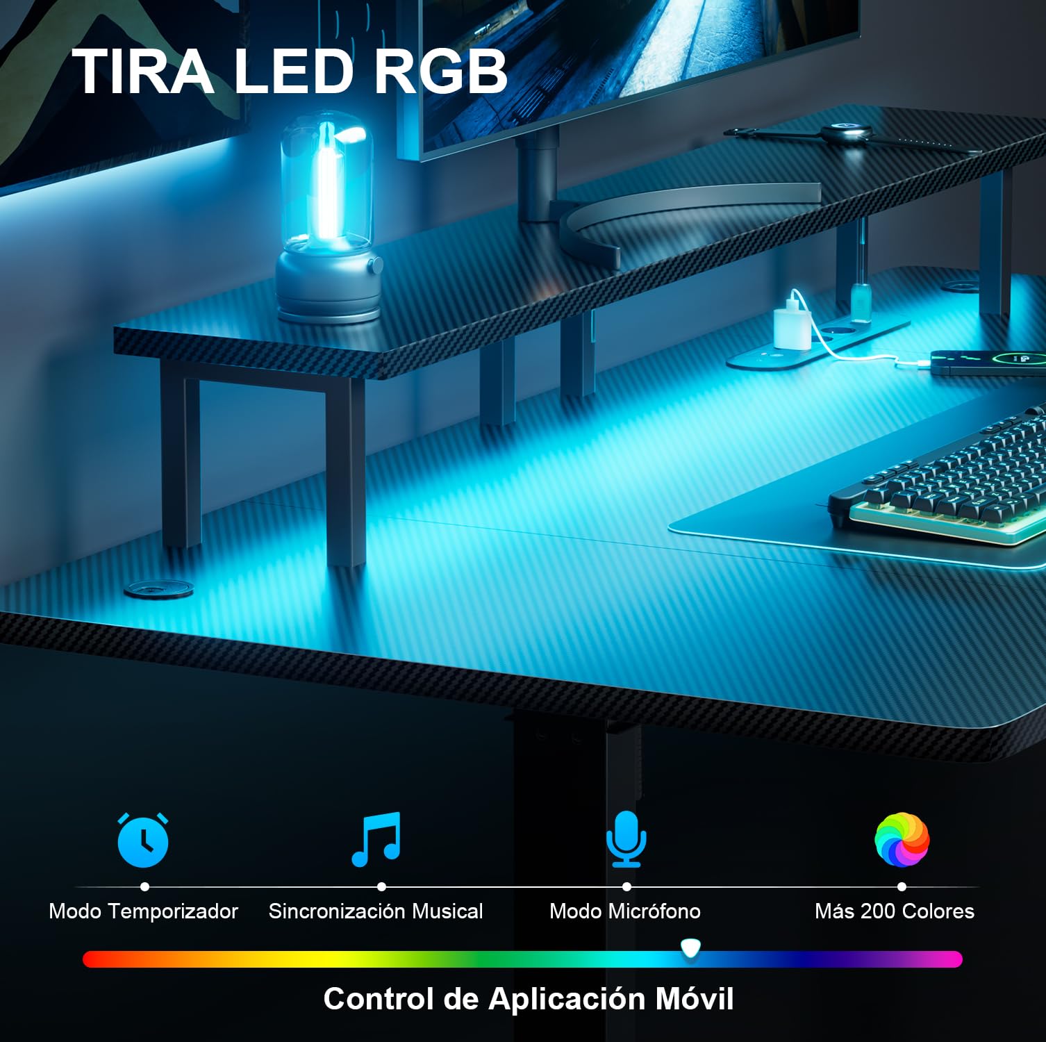 HLFURNIEU Escritorio Elevable Electrico LED 120 x 60 cm, Mesa Gaming con Toma de Corriente, Soporte para Monitor, 2 Control de Memoria, Superficie de Fibra de Carbono, Escritorio Gaming Negro