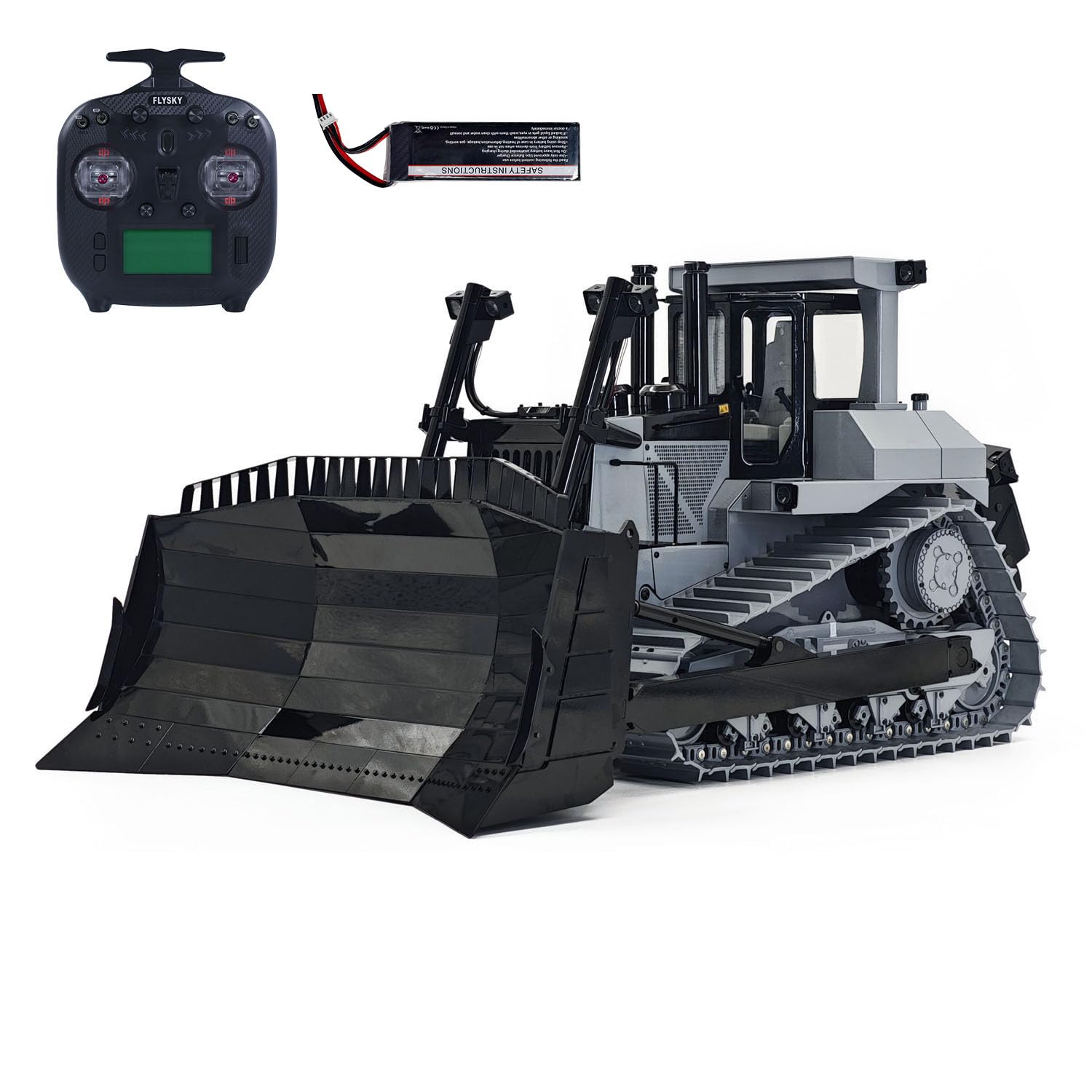 Bulldozer idraulico JDM-98 Ultra RC con telecomando in metallo 1:14 Sistema di luci modello Flysky ST8 Radio Sound Battery Hobby Grade Model per età 14+ (grigio)