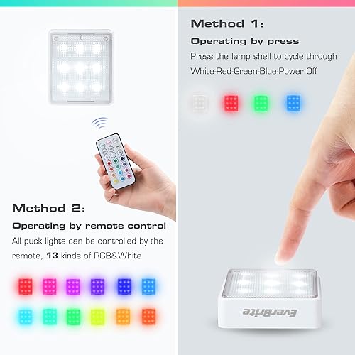 Miniatura 3 de EverBrite Luces de grifo, luces LED para armario, luces nocturnas con control remoto, luces de empuje RGB alimentadas por batería para gabinetes,