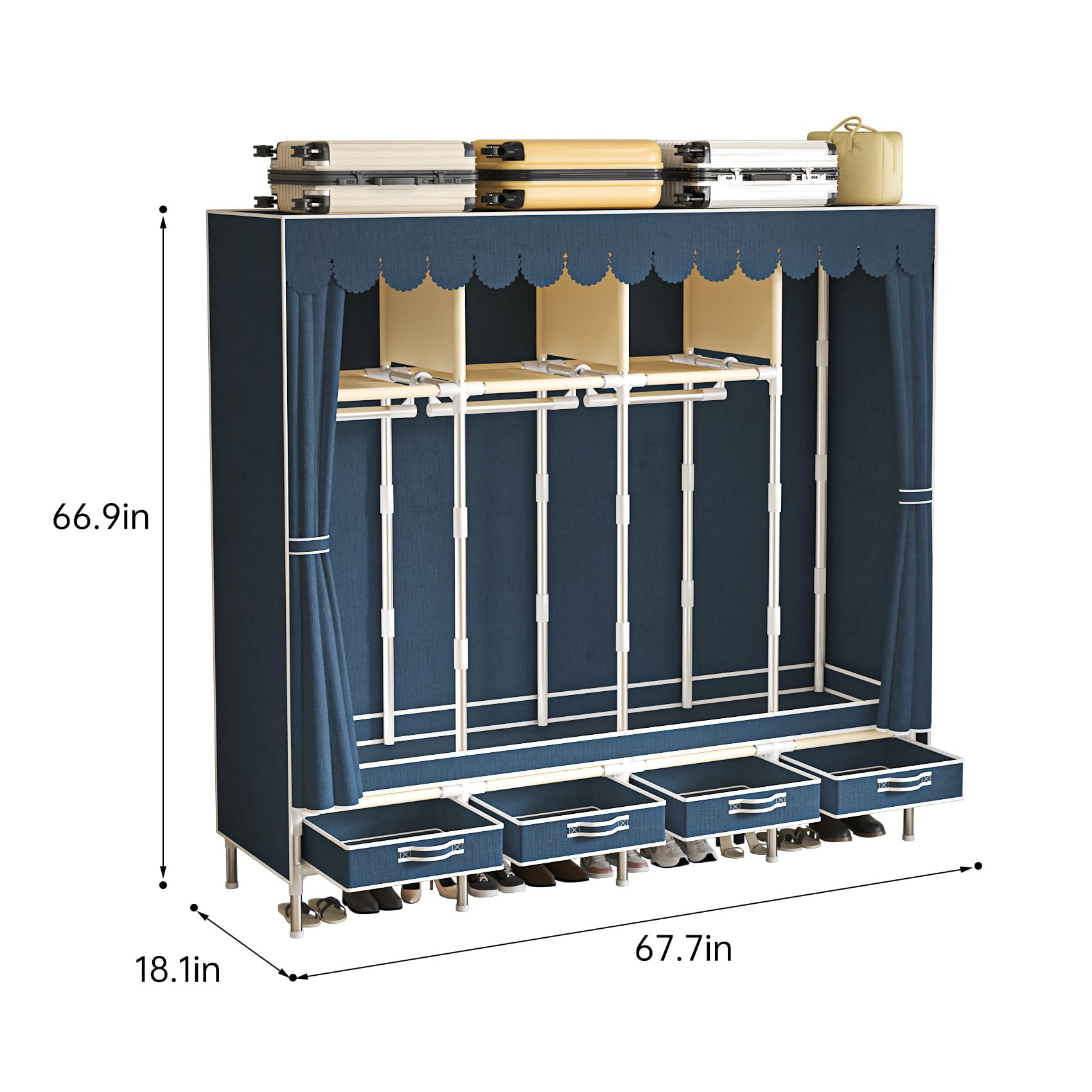 Armario grande independiente de 67 pulgadas para colgar ropa, armario portátil de metal resistente con cajones, cubierta de tela no tejida azul, para dormitorio, habitación pequeña