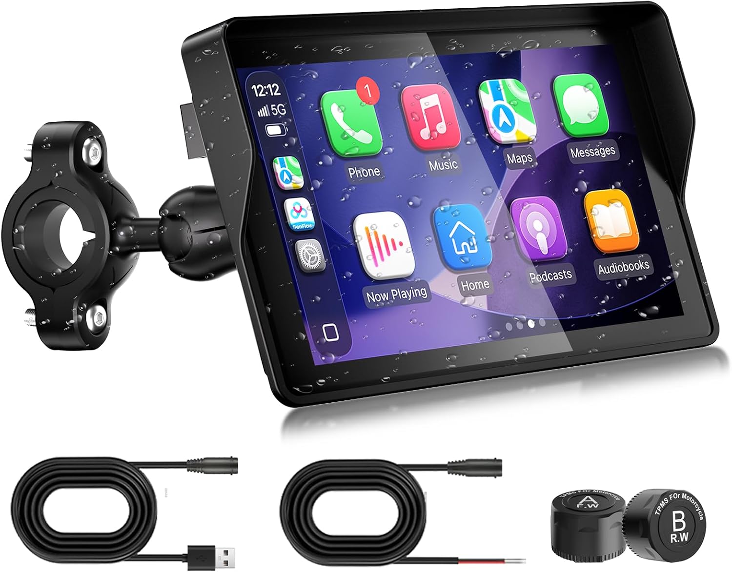 7 Inch Motorcycle CarPlay HD Screen with TPMS, Android Auto, GPS Navigation, Wireless Bluetooth, IP69K Waterproof, Custom Boot Logo, USB Power, Vioce Control, Light Sensor, Siri, Quick Release