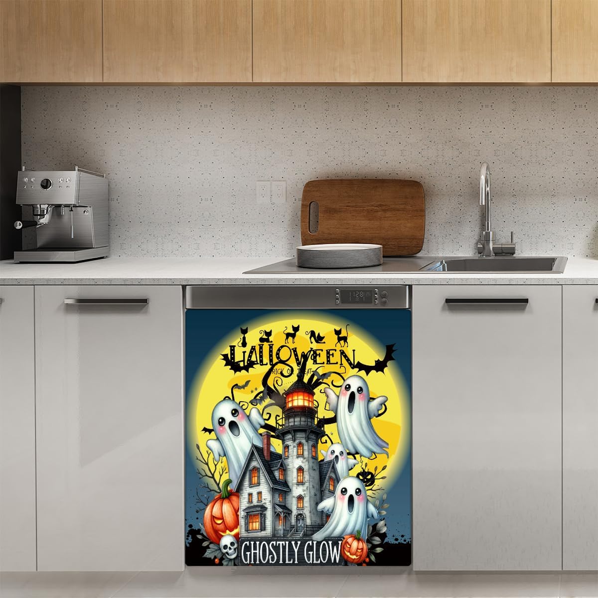 Dishwasher Magnet Cover Front Dishwasher Cover Decoration Reusable Magnetic Door Cover Panel Decal Home Appliances Stickers Kitchen Refrigerator Fridge Halloween Castle Ghosts Pumpkin 23"x26"