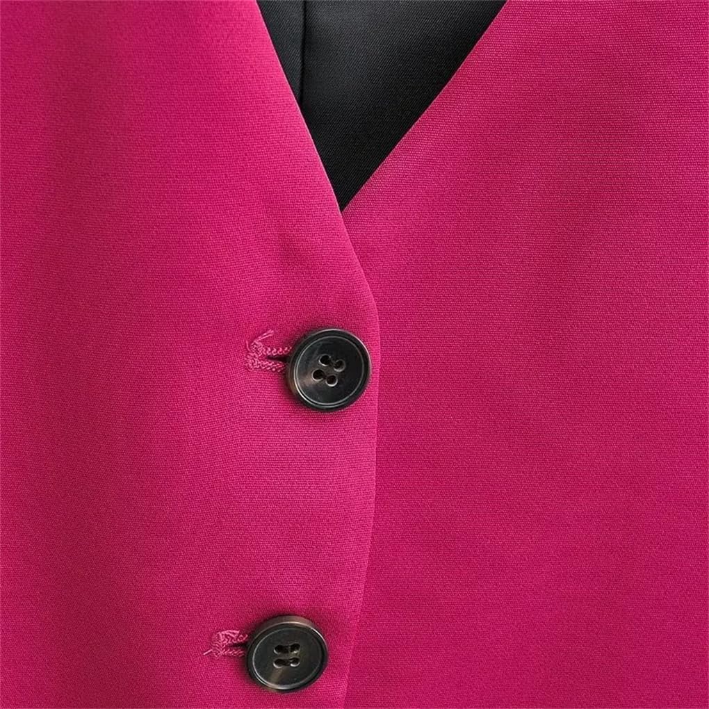 REHJJDFD Chaleco de traje para mujer con cuello en V y botonadura simple, color rojo rosa, ajustado, corto, asimétrico, delgado, sin mangas