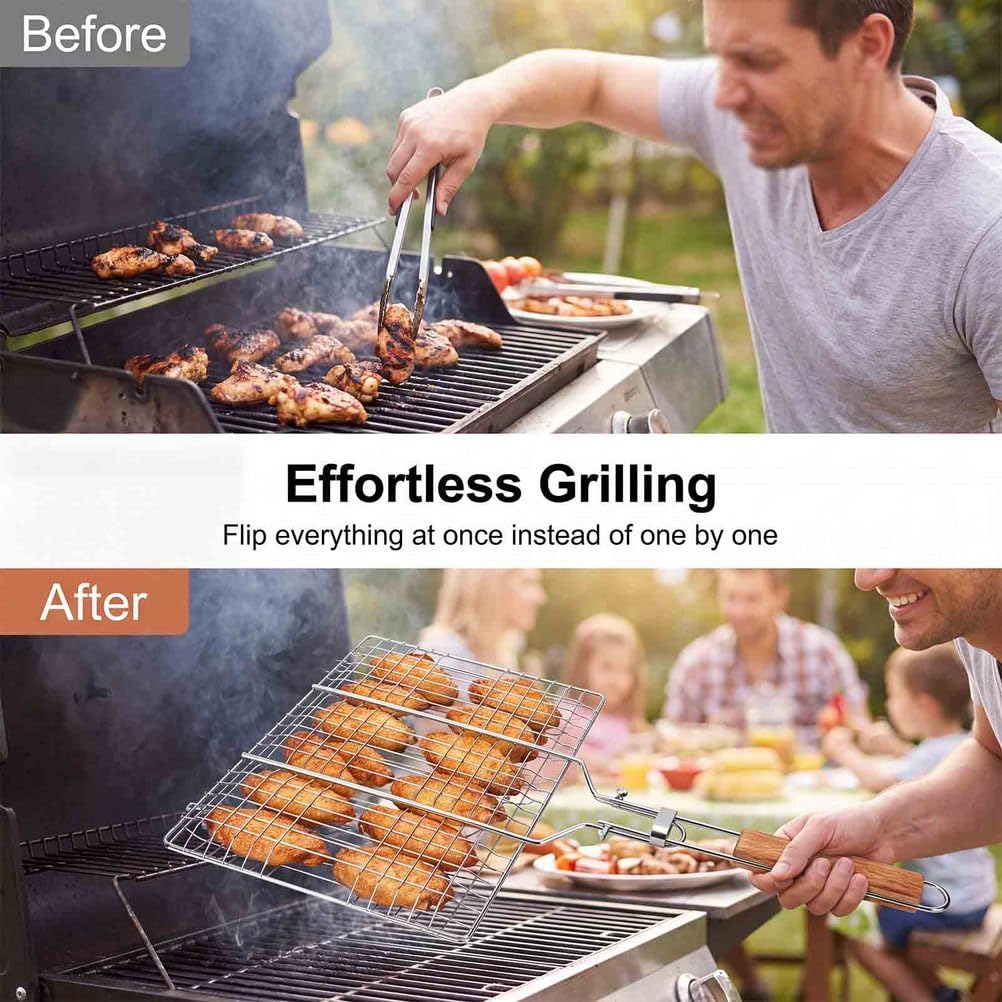 Cestello Grill BBQ con Blocco, Cestello Pieghevole in Acciaio Inox con Manico in Legno, Barbecue Portatile per Pollo, Pesce, Verdure, Bistecca e Cucina Esterna | 1