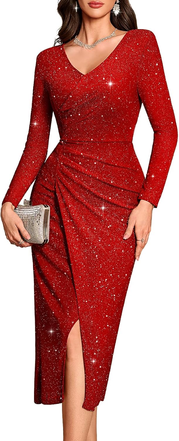 Bbonlinedress Women Maxi Long Split V Neck Wrap Wedding Guest Dress Long Sleeve Glitter Sequin for Gowns Cocktail