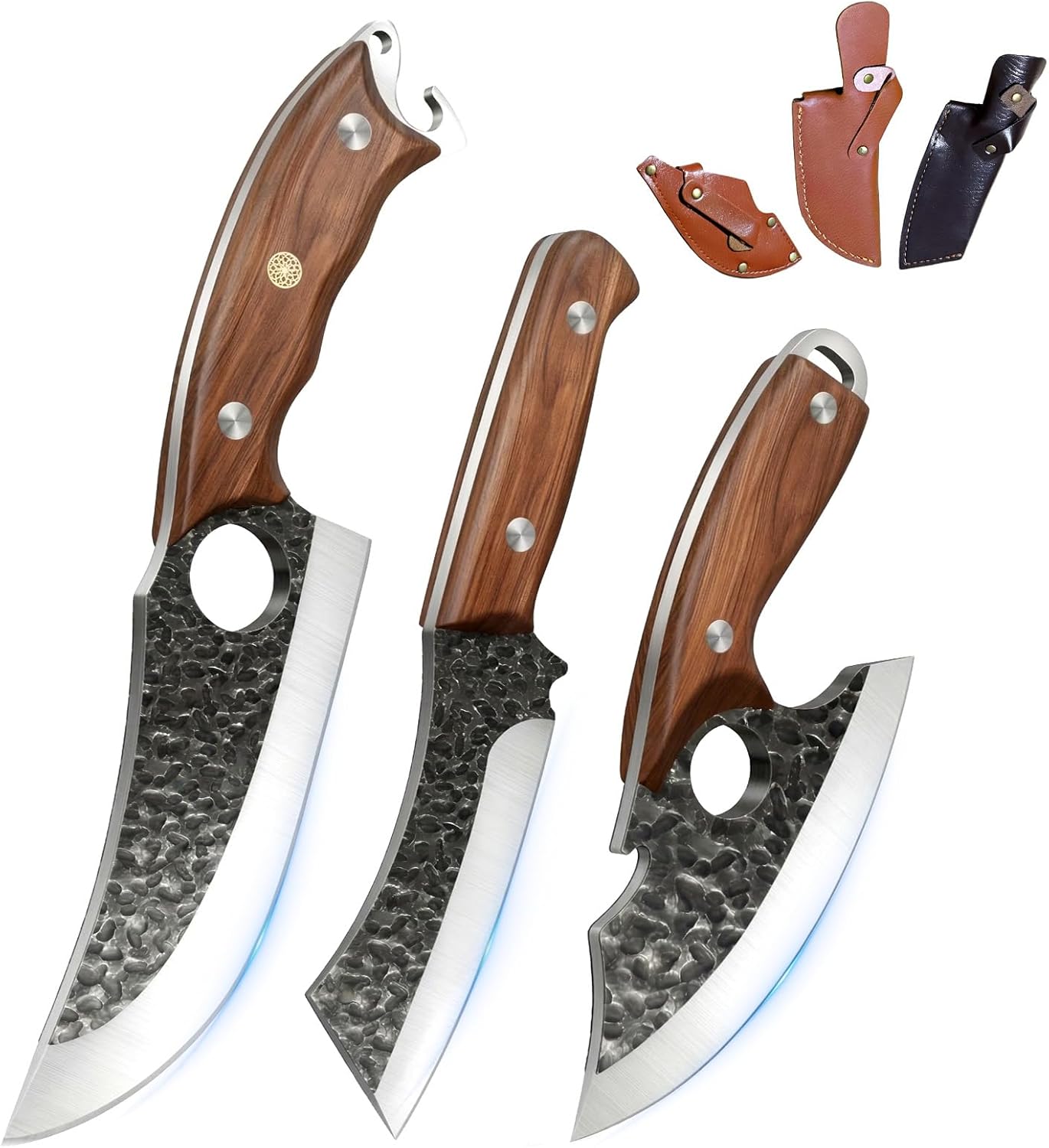 Set Cuchillos Cocina 3 Piezas Acero Inoxidable Madera