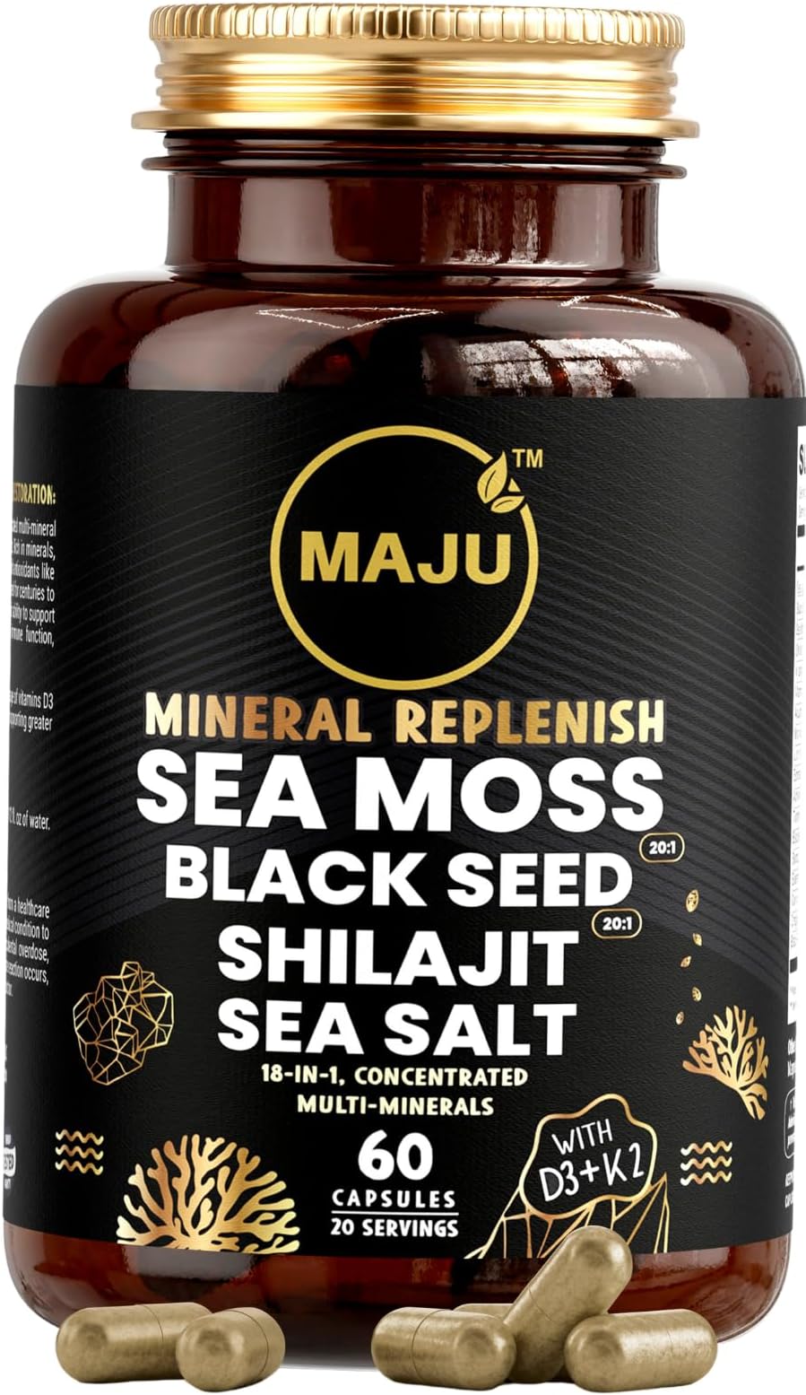 Maju Superfoods 18-in-1 Sea Moss, Black Seed, Shilajit, Sea Salt + D3 & K2, Concentrated Extracts, Trace Multi Mineral Capsules, for Men & Women Mineral Electrolytes Supplements