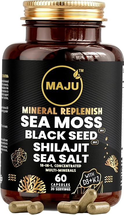 Maju Superfoods 18-in-1 Sea Moss, Black Seed, Shilajit, Sea Salt + D3 & K2, Concentrated Extracts, Trace Multi Mineral Capsules, for Men & Women Mineral Electrolytes Supplements