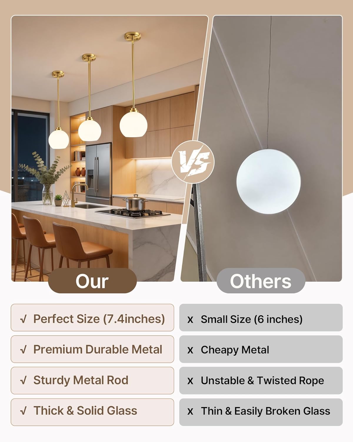 Majade Globe Pendant Lights Kitchen Island Pendant Light Fixtures 7.4 Inch Gold Mid Century Modern Brushed Brass Pendant Lighting with Milk Glass Adjustable Hanging Light Fixtures for Dining Room