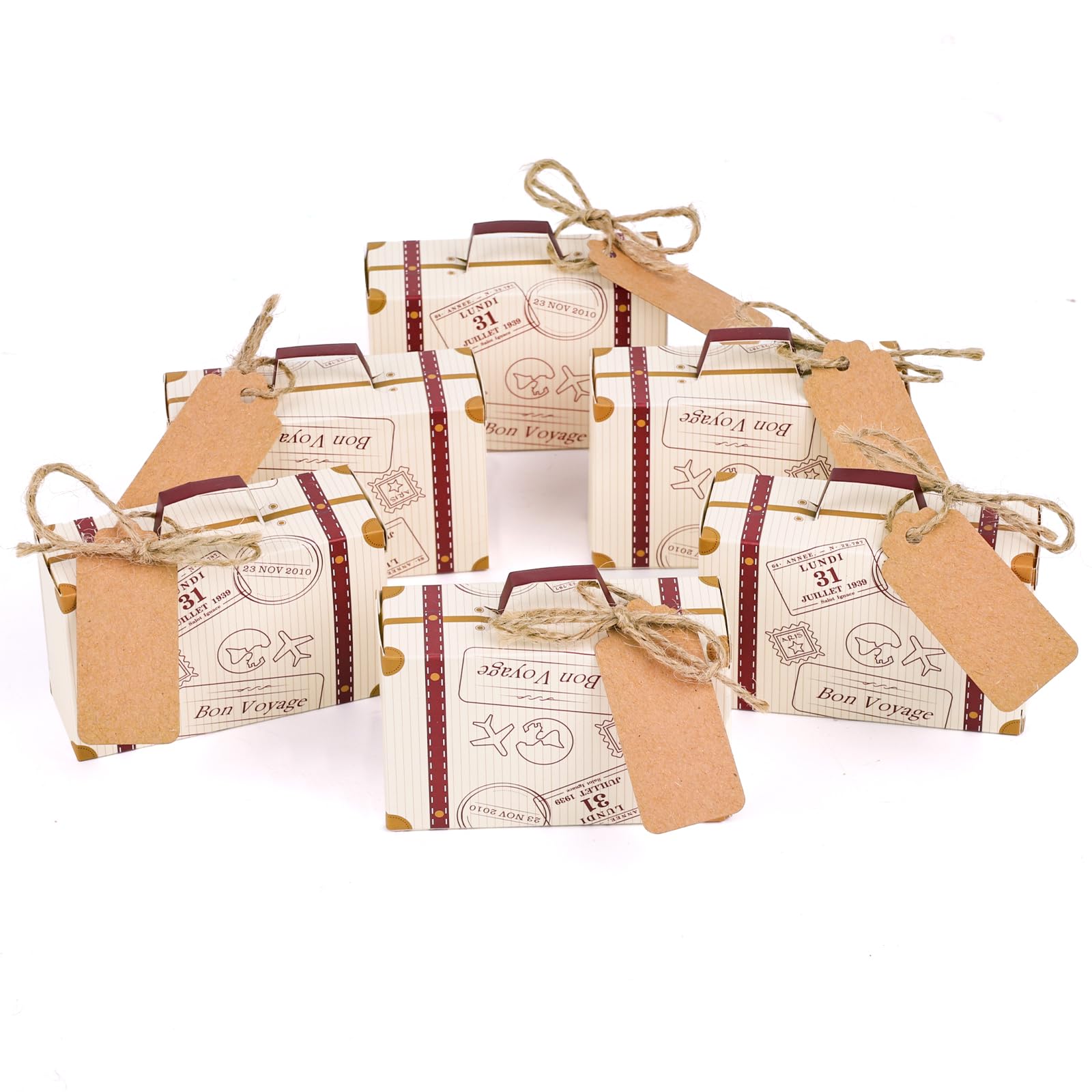 VGOODALL 30PCS Mini Suitcase Favor Boxes, Party Favor Candy Box Vintage Kraft Paper Gift Bag with Tags Burlap Twine for Party Wedding Decor