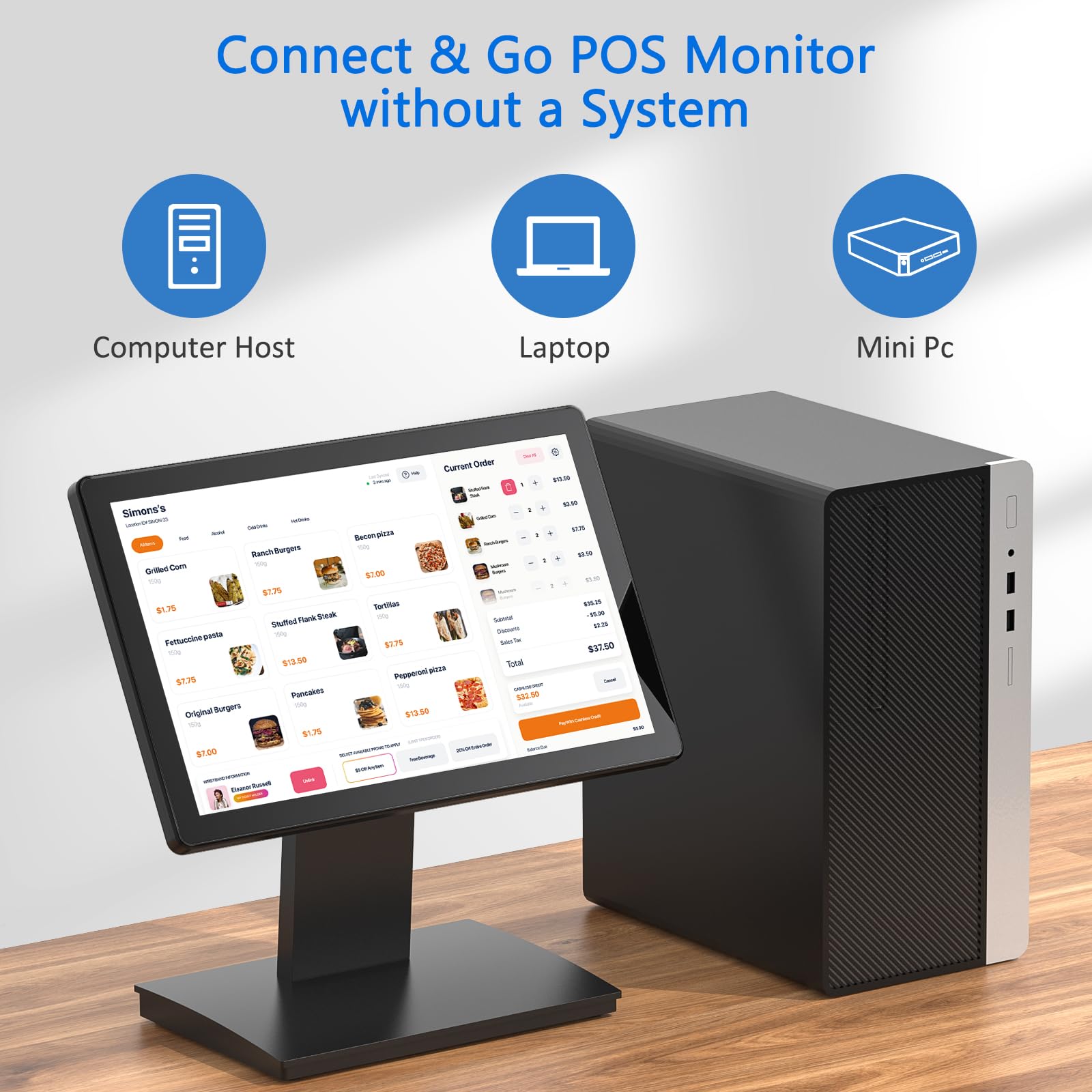 Monitor POS con Pantalla táctil de 15.6 Pulgadas, Pantalla IPS FHD de 1920 × 1080, táctil capacitiva de 10 Puntos, con Entrada HDMI/VGA, Soporte de Metal Resistente para Restaurante, Bar