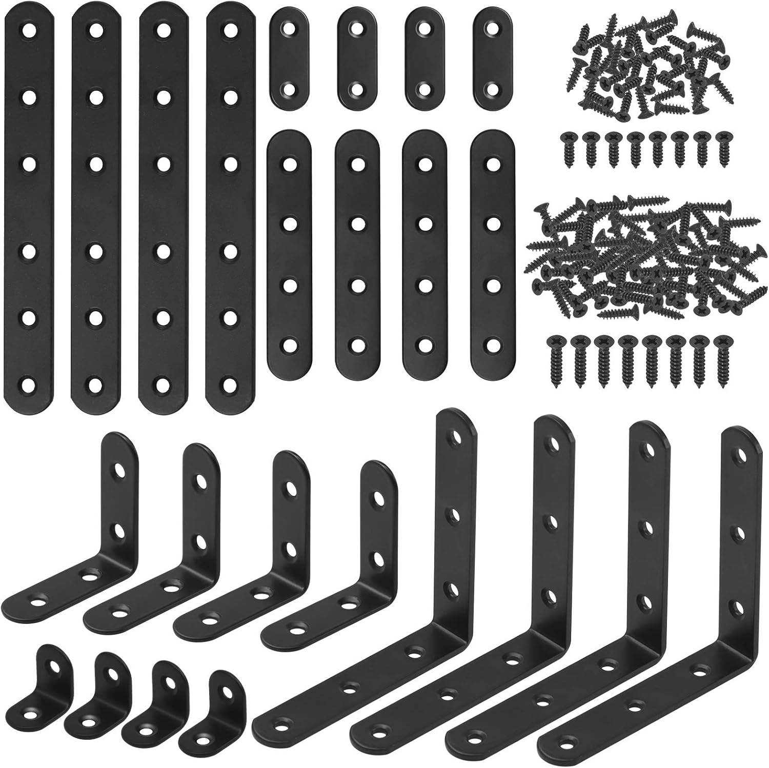 Hilitchi 24-Pack Black Stainless Steel L-Brackets & Straight Braces with Screws - Heavy-Duty Corner Supports for Furniture, Shelves & Joints