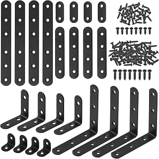 Hilitchi 24-Pack Black Stainless Steel L-Brackets & Straight Braces with Screws - Heavy-Duty Corner Supports for Furniture, Shelves & Joints