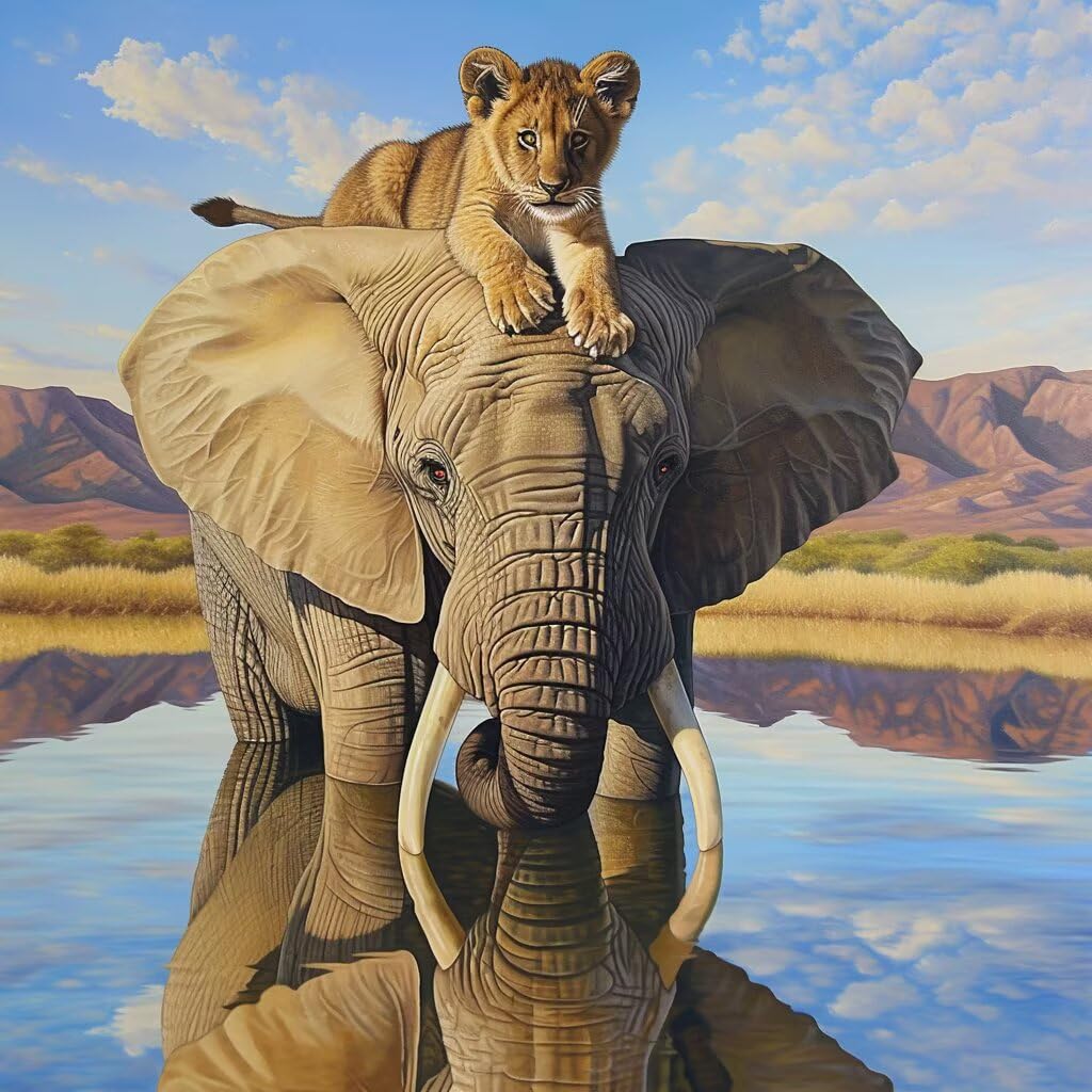 DIY Elefant Diamond Painting Erwachsene, 5D LöWe Diamant Painting Bilder Kinder Anfänger, Mosaik Bastelset Erwachsene Diamanten Malerei Stickerei Kreuzstich Geschenk Home Wand Dekor 80x80 cm V-127
