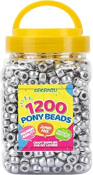 Pony Beads Bulk 1200 pcs Silver Plastic Beads Bulk for Bracelet Making,Hair Braiding DIY Crafts Kandi Jewelry Key Chains and Ornaments Decorations