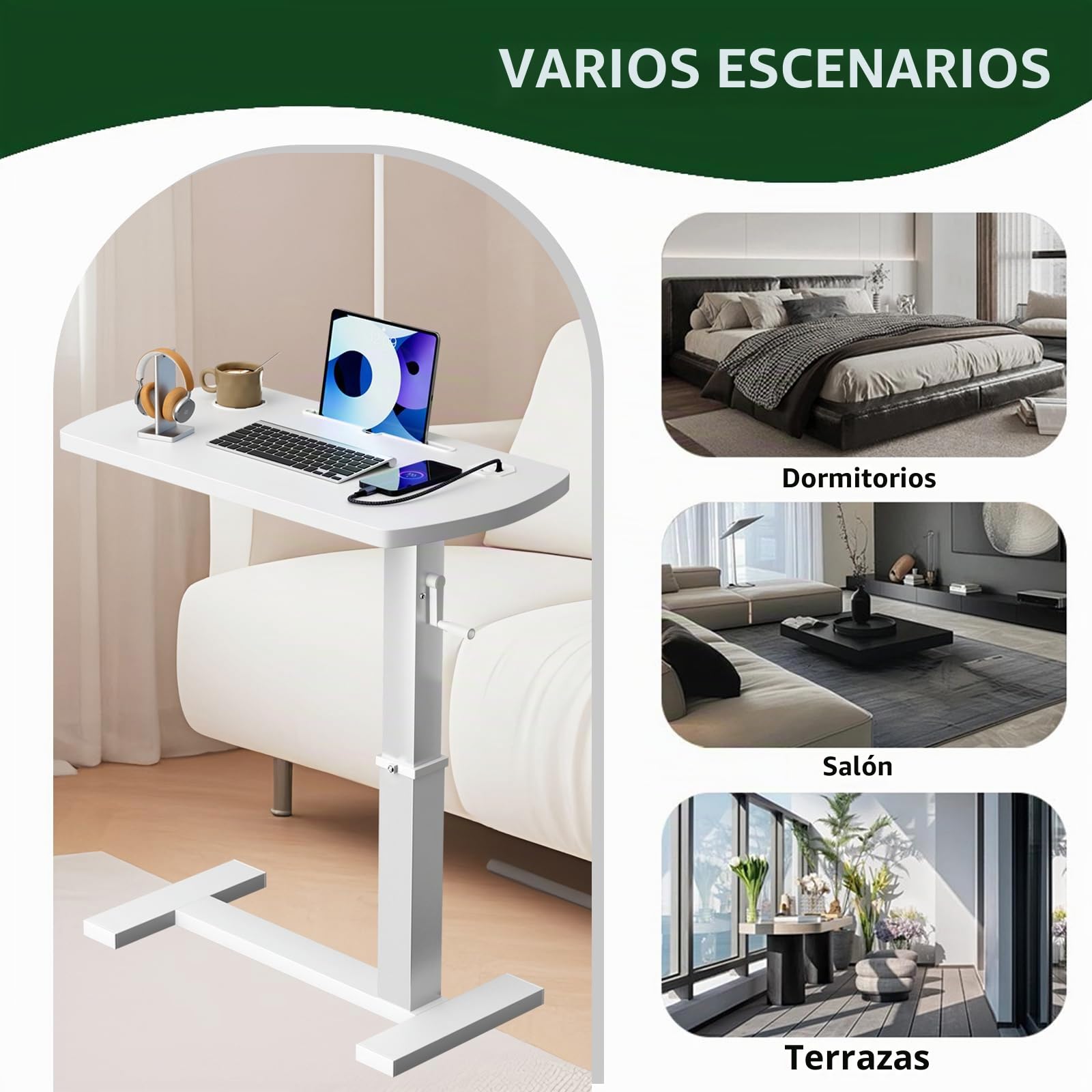 Mesa Auxiliar de Sofá en Forma de C, Mesa Auxiliar para Ordenador, Altura Ajustable Escritorio Laptop Móvil, para Dormitorio, Salón, Oficina, Multitable