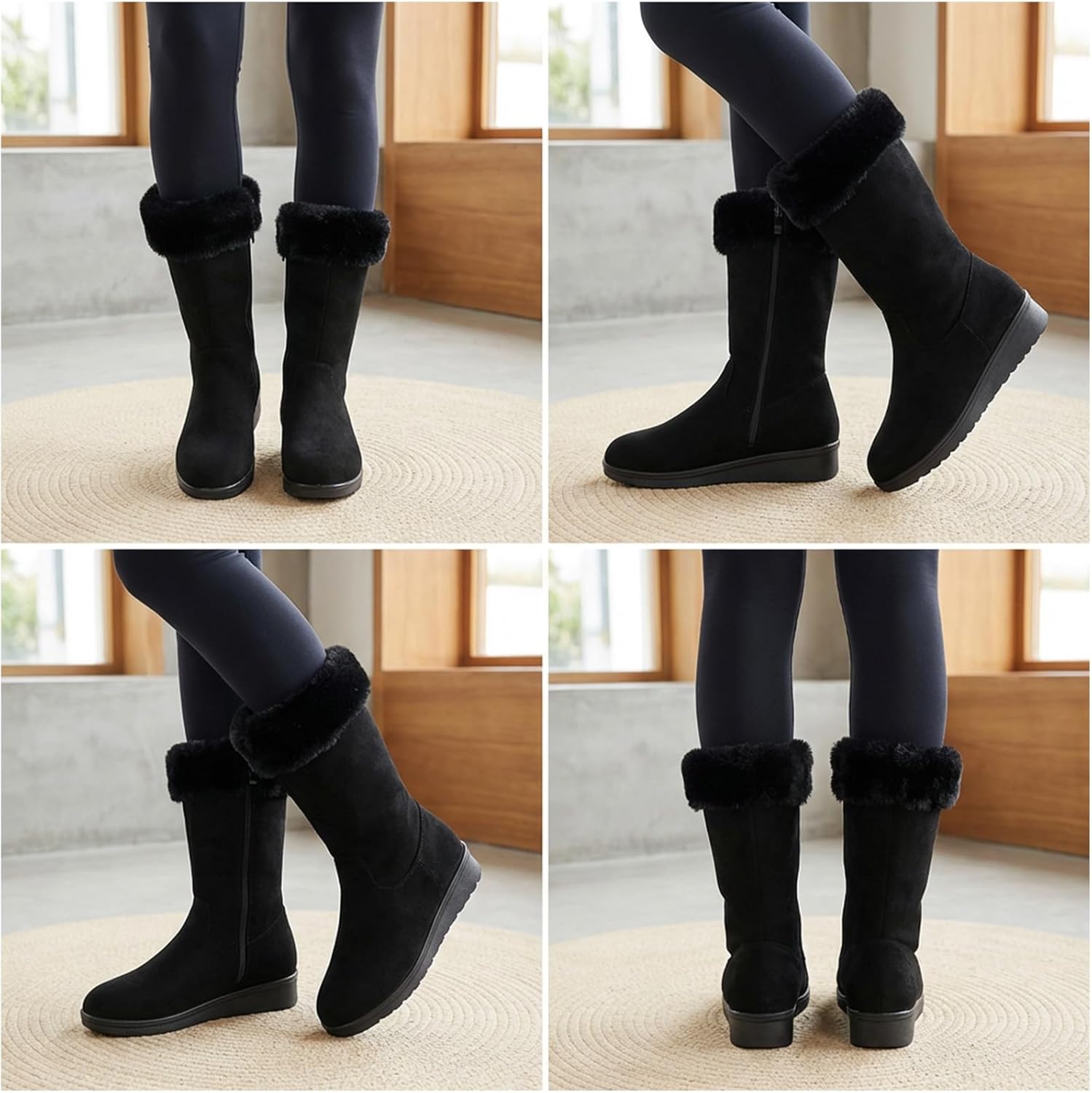 Women's Soft Warm Fur Lining Casual Long Boots, Winter Vintage Suede Cozy Non Slip Mid Calf Snow Boots with Side Zipper
