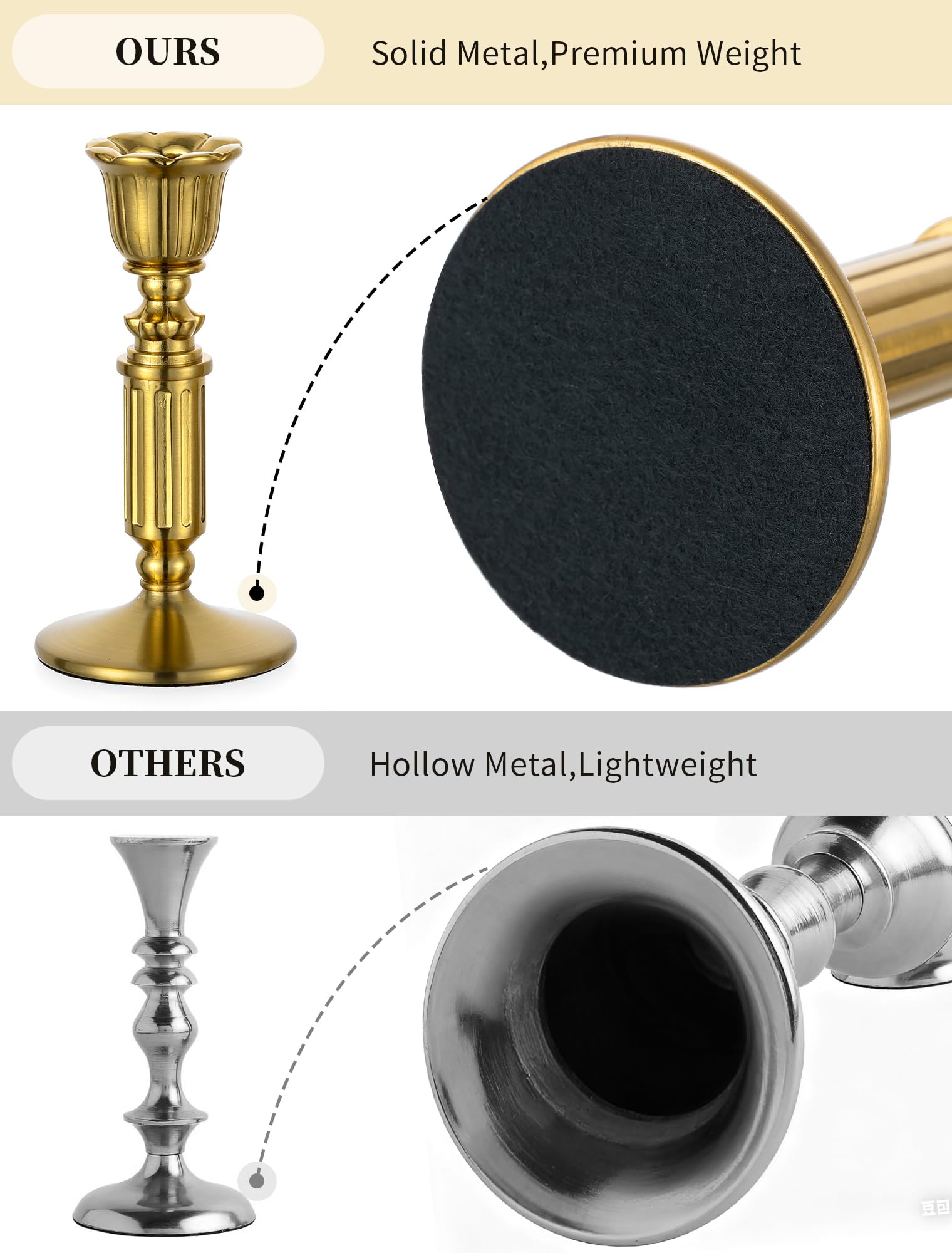 Romadedi Vintage Kerzenständer für Stabkerzen, 6er-Pack, Gold，14cm | Antike Messingoptik; Für Esstisch, Wohnzimmer, Hochzeit, Weihnachten und Adventsdekoration
