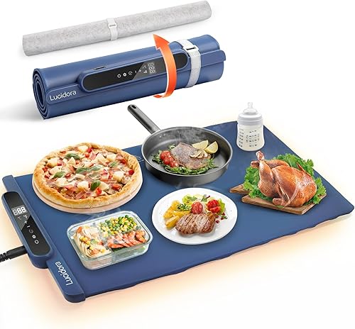 Miniatura 8 de Tapete de calentamiento de alimentos, calentador eléctrico enrollable de alimentos, 10 niveles de temperatura y temporizador de 10 horas, bandeja de