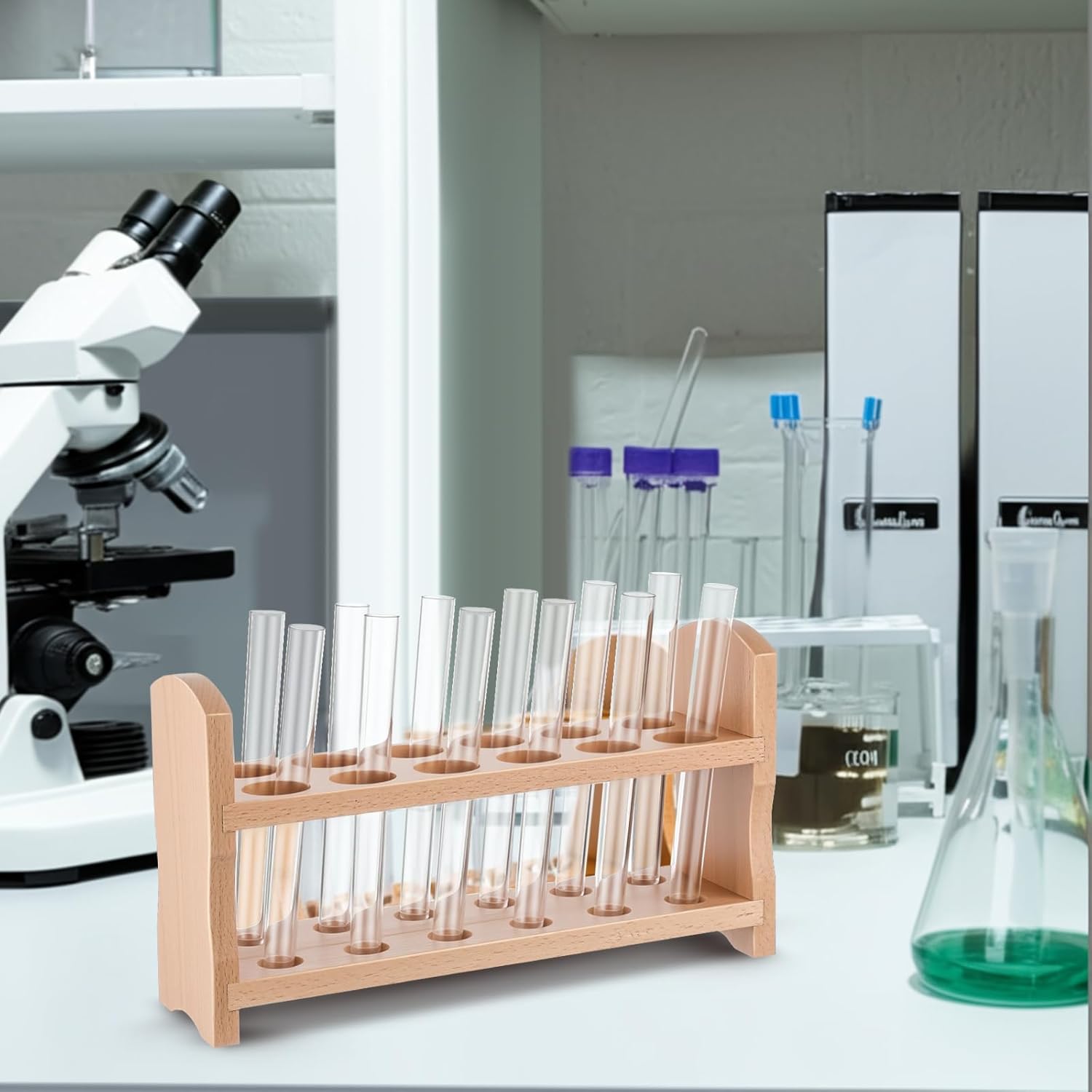 Wooden Test Tube Rack Accommodates Multiple Tubes up to 28mm 10.2" Wide Laboratory Wood Construction Test Tube Holder(4 Pcs,12 Holes)
