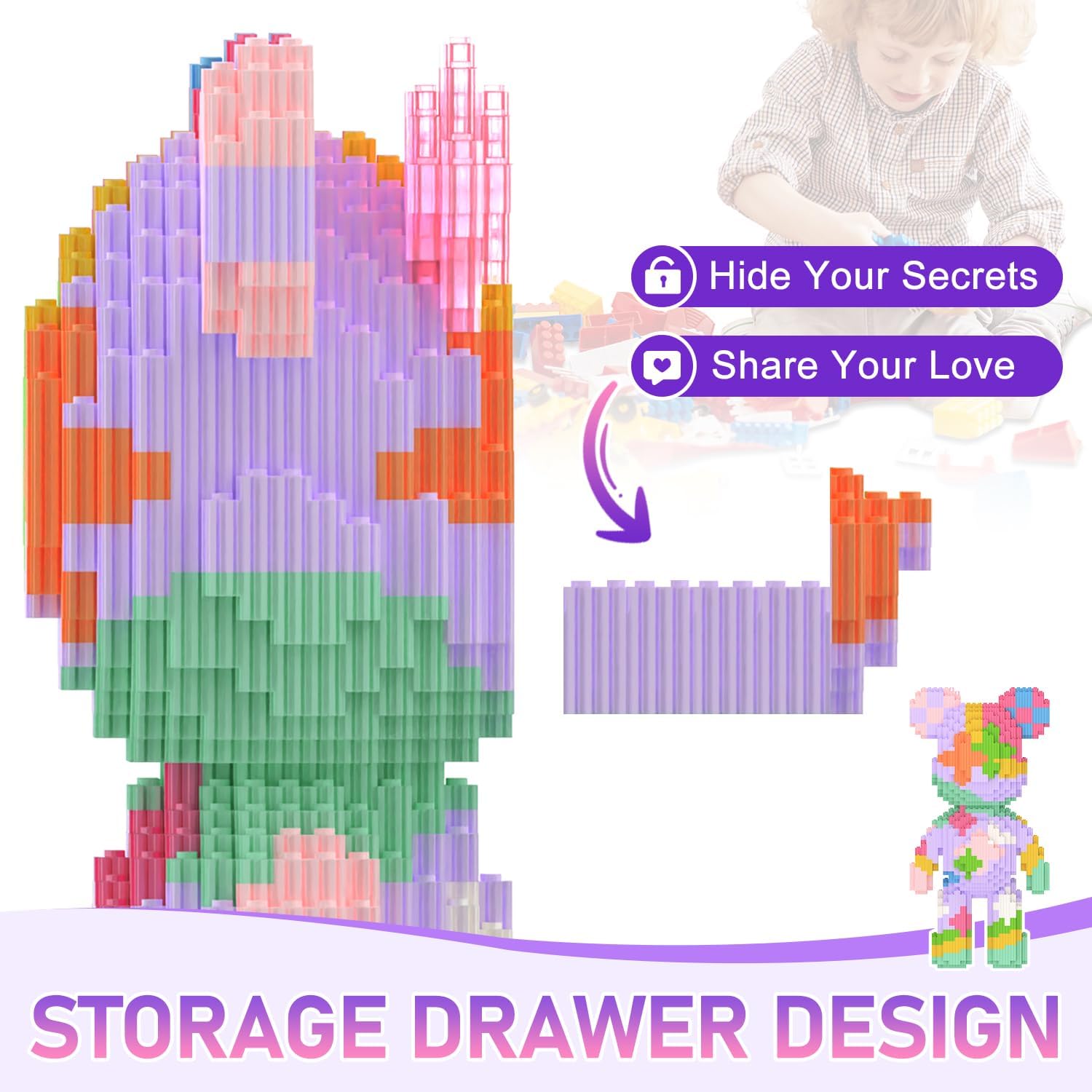 Diagram showing the internal storage drawer design of the bear building block model