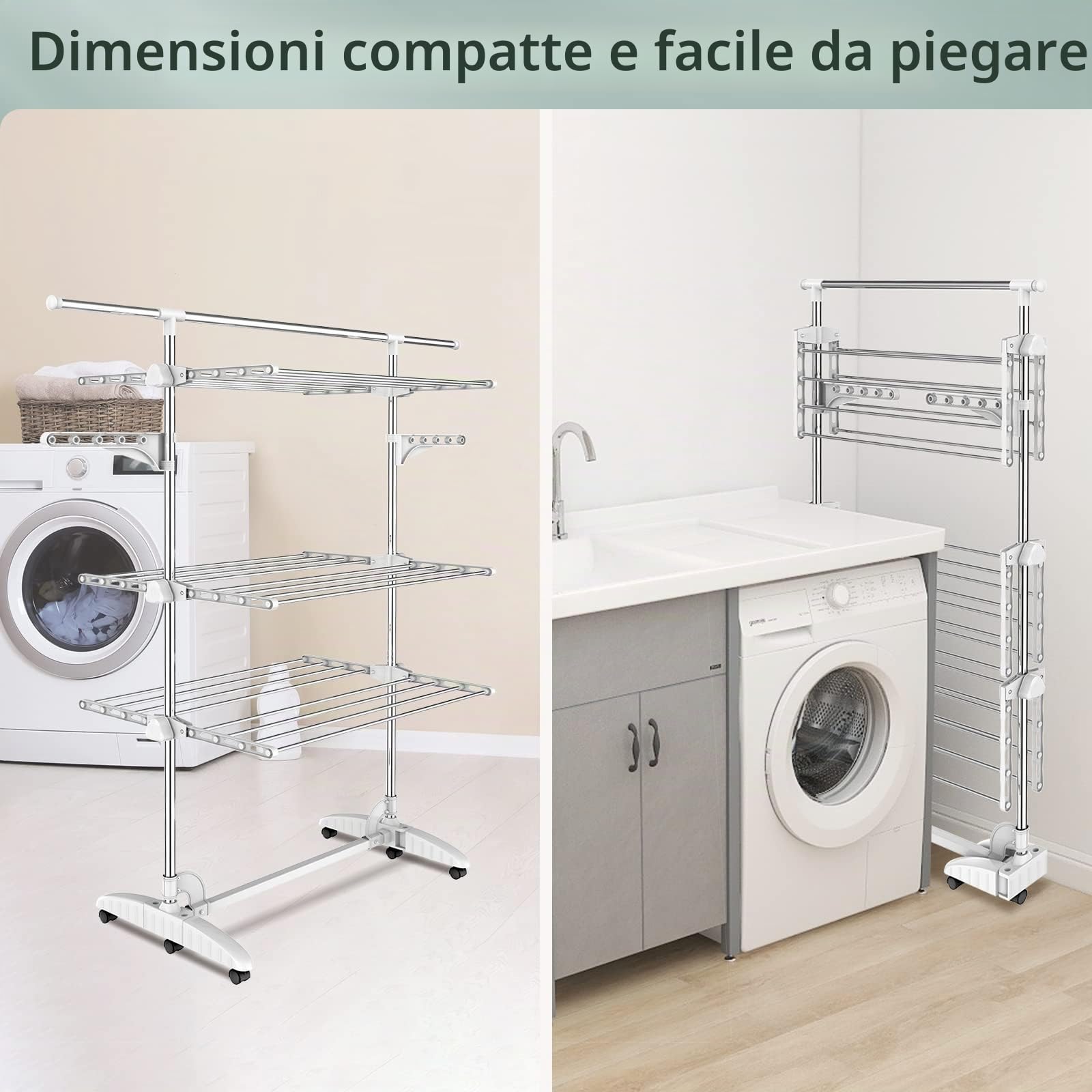 Todeco Stendibiancheria a 3 Livelli, Pieghevole in Acciaio Inox, Appendiabiti Regolabile con Ruote e Barra Superiore Estensibile