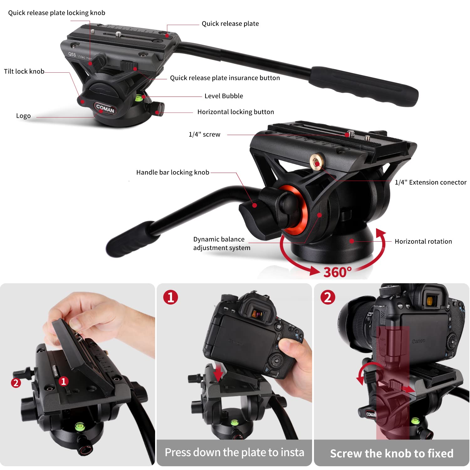 COMAN treppiede fotocamera da 188 cm Robusto treppiede per videocamera professionale Borsa per il trasporto da 8 kg Inclusa piastra a sgancio rapido, cavalletto fotografico tripod