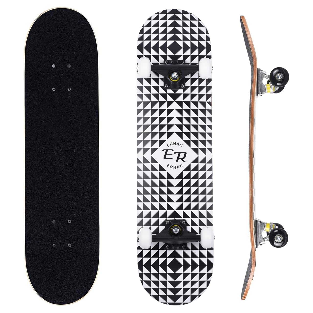 ERNAN Complete Skateboard for Beginners,31 x 8 Inch Double Kick Skateboard for Kids Teenagers & Adults. with Skate T-Tool. (Half-black)
