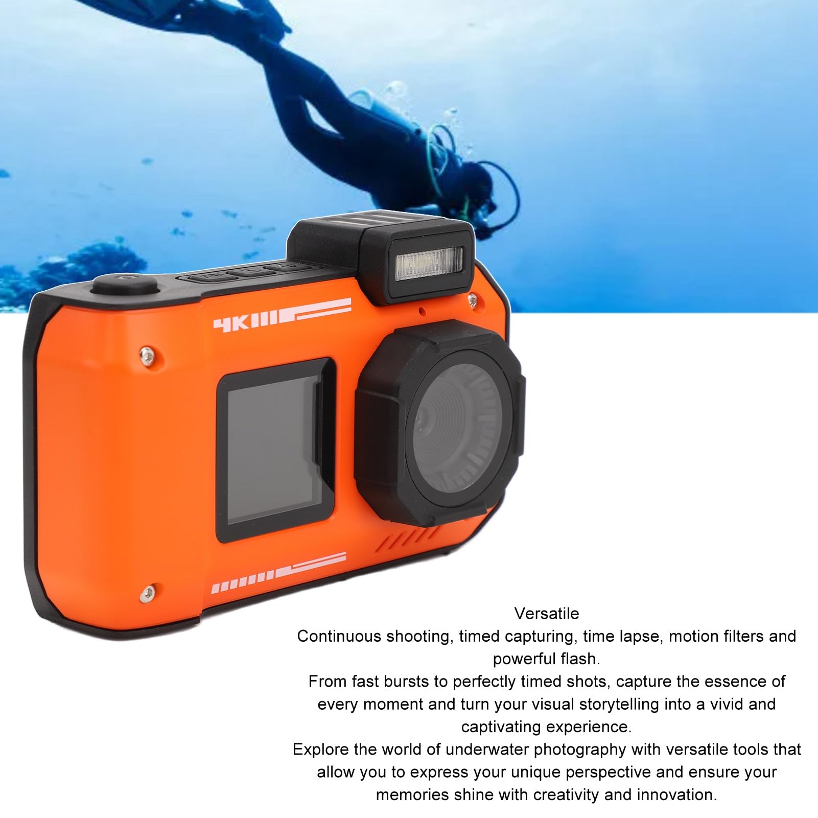 Caméra étanche 4K 65 MP, Caméra sous-Marine 33 Pieds, Appareil Photo Numérique sous-Marin Double écran 2,88 Pouces 1,44 Pouces, Zoom Optique 10x, Batterie 2500 MAh (Orange)