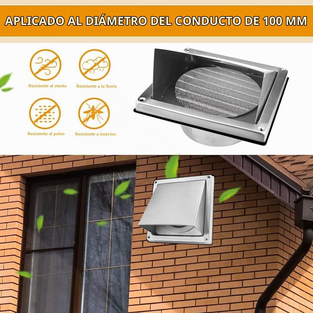 100mm Rejilla Ventilación Acero Inoxidable Rejilla Protectoras Malla Fina | Rejilla de Ventilación Rejilla Exterior de Pared Sistema Ventilación para Pared Exterior Tubería Extractor Cocina Chimenea