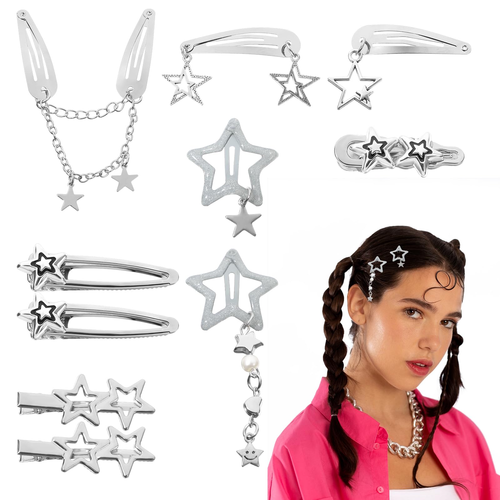 10Pcs Y2K Star Hair Clips, Kawaii Silver Hair Clips