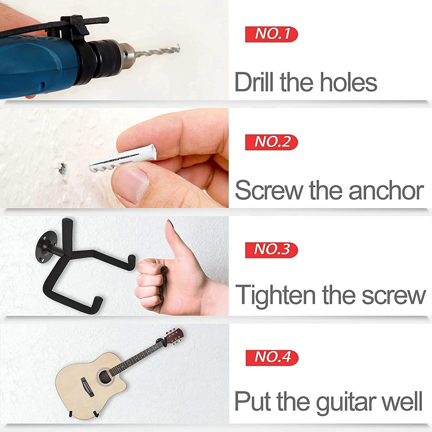 Support Mural de Guitare Horizontal, Crochet De Cintre De Guitare, Lot de 2 Support Mural Horizontal pour Guitare Acoustique Classique ou électrique, Ukulélé, Banjo (Noir (Lot de 2))