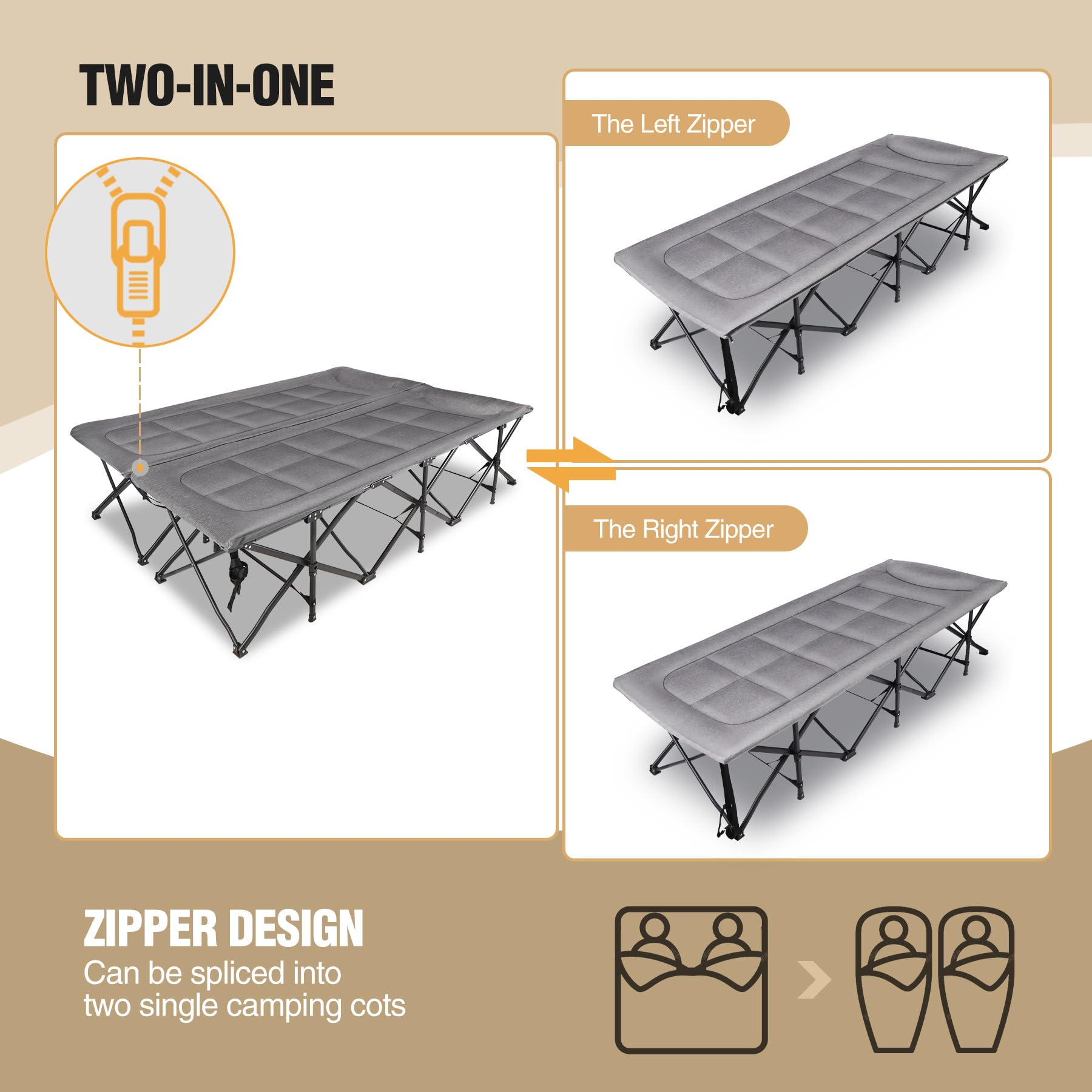 REDCAMP Campingbett 2 Personen mit Auflage, 200x150x45 cm Doppelfeldbett Klappbar 454kg Tragkraft, Faltbar Gästebett mit Matratze Topper für Indoor Outdoor Camping Wandern Reisen Strand Garten, Grau