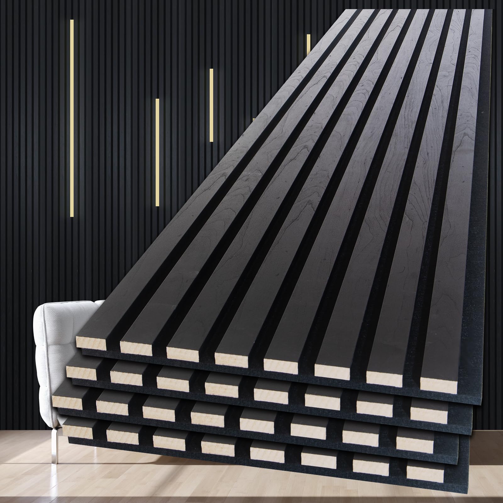 Photo 1 of NeatiEase Wood Panels for Wall, 4-Piece 120" x 12.6" Soundproof Wood Slat Wall Panel for Interior Wall Decor Noise Cancelling, Acoustic Wall Panels, Sound Absorbing Panel (Dark Walnut)