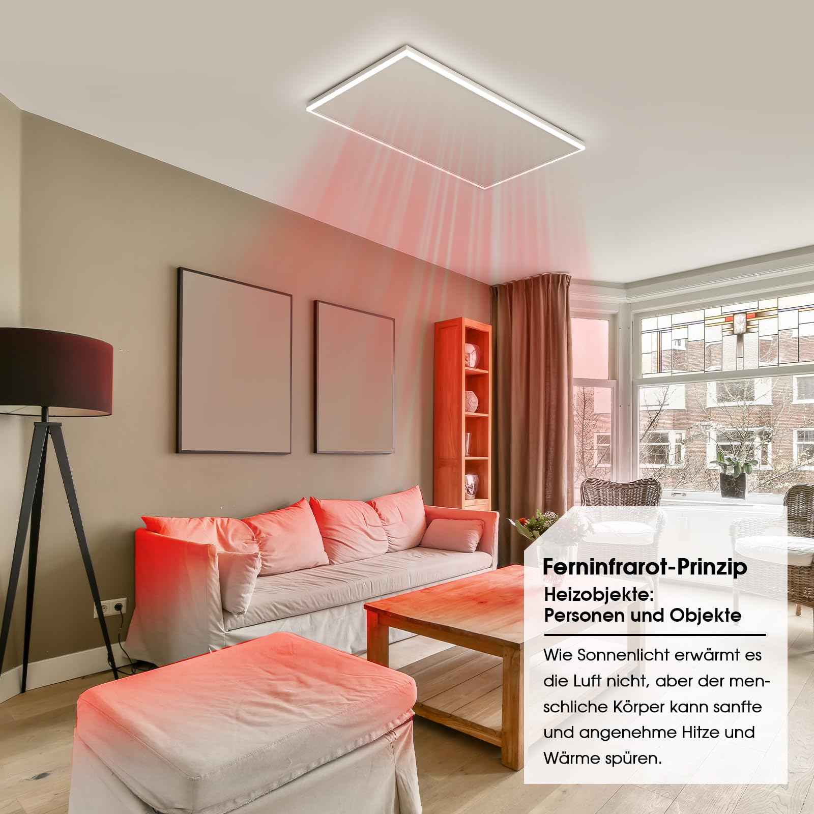 Infrarot Deckenheizung 840 Watt mit LED Beleuchtung, Thermostat & App Steuerung 128x63cm