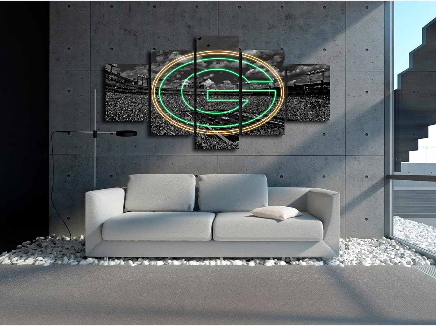 (60X100CM/5PCS) Frame Canvas Print Poster - Green Bay American football Field Stadium with Neon Packers - Black and White Sports Wall Art for Home and Office Decor