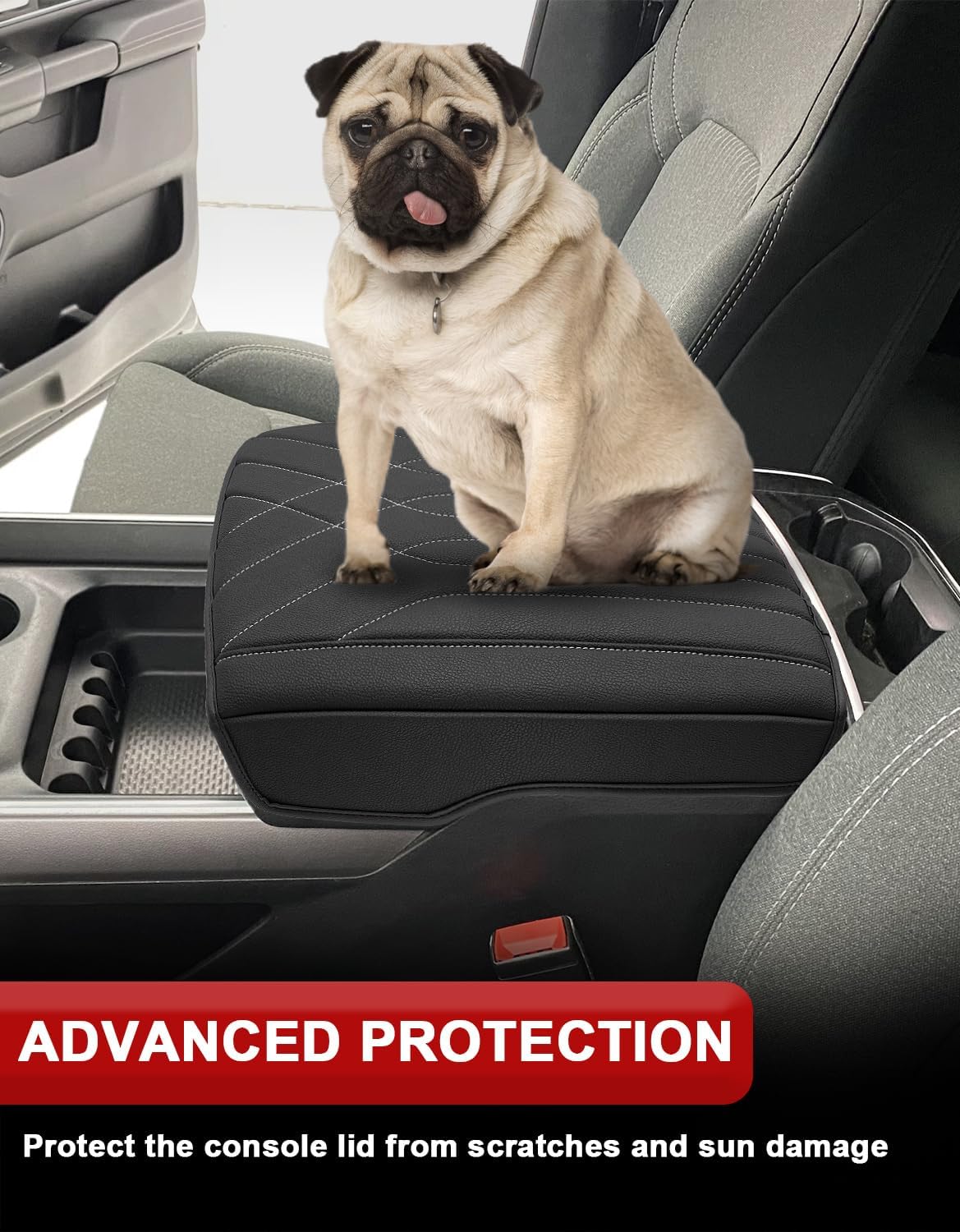 KBH Center Console Armrest Cover for 2019-2026 Dodge Ram 1500 2500 3500 5th Gen, Floor Console Bucket Seat, Arm Rest Cushion Pad Protector, Vinyl Leather, Black-Gray Stitches